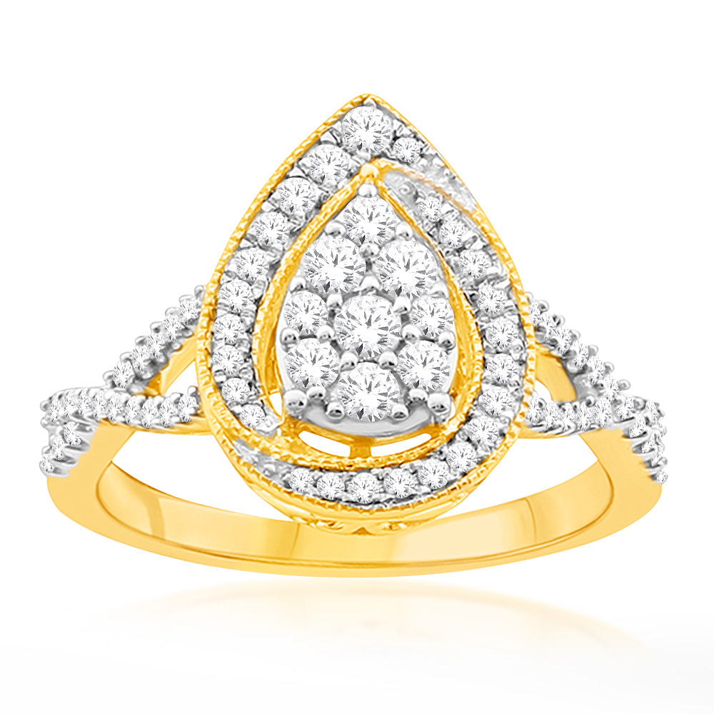 10ct Yellow Gold 1/2 Carat Diamond Pear Cluster Ring for Women - Elegant Wedding, Engagement & Anniversary Jewelry Gift - Perfect for Special Occasions & Romantic Moments