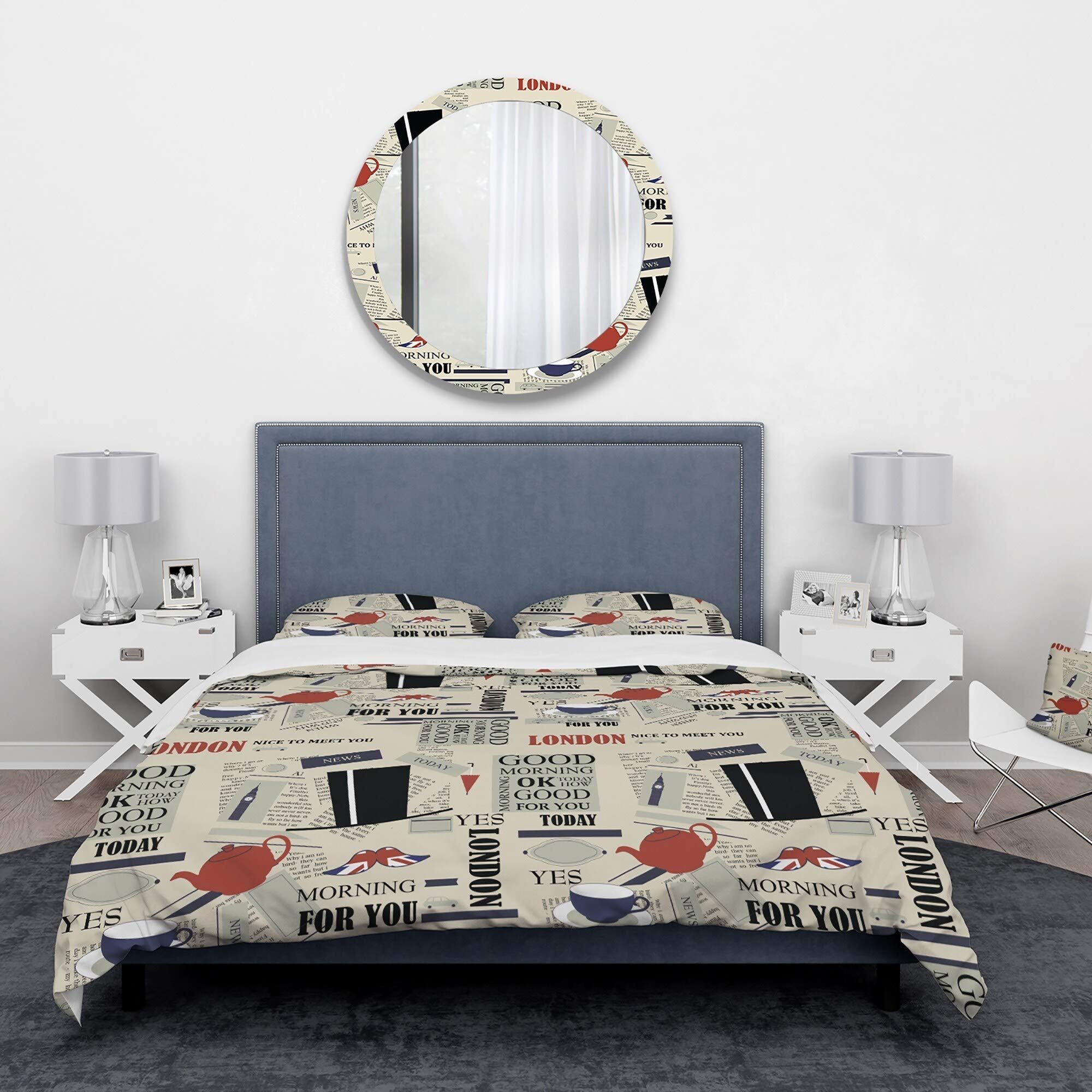 DESIGN ART Designart 'Retro London Good Morning' Mid-Century Modern Bedding Set - King Size Duvet Cover & 2 Shams (Comforter Not Included) | Vintage British-Inspired Home Decor for Master Bedroom & Guest Room
