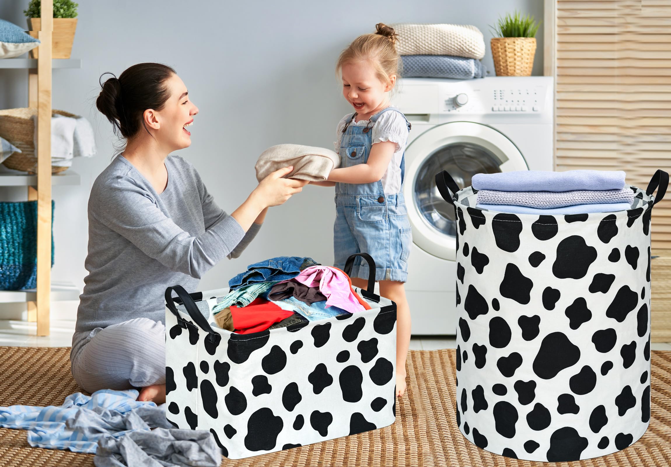 Waterproof Toy Storage Bin - Nursery Hamper, Kids Bedroom Organizer, Laundry Basket with Round Cow Pattern - Perfect for Baby Gifts, Closet Decor & Home Organization