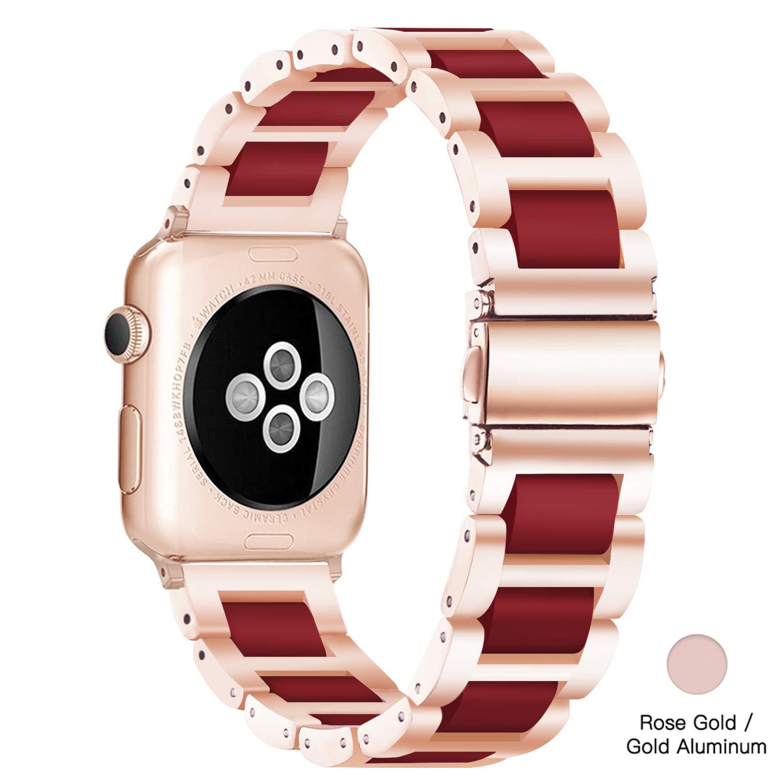 Luxury Resin & Stainless Steel Apple Watch Band for Women - Comfortable iWatch Strap Compatible with Series 9/8/7/SE/6/5/4/3/2/1 (Rose-Wine Red, 38mm/40mm/41mm) - Perfect for Workouts, Office & Everyday Fashion