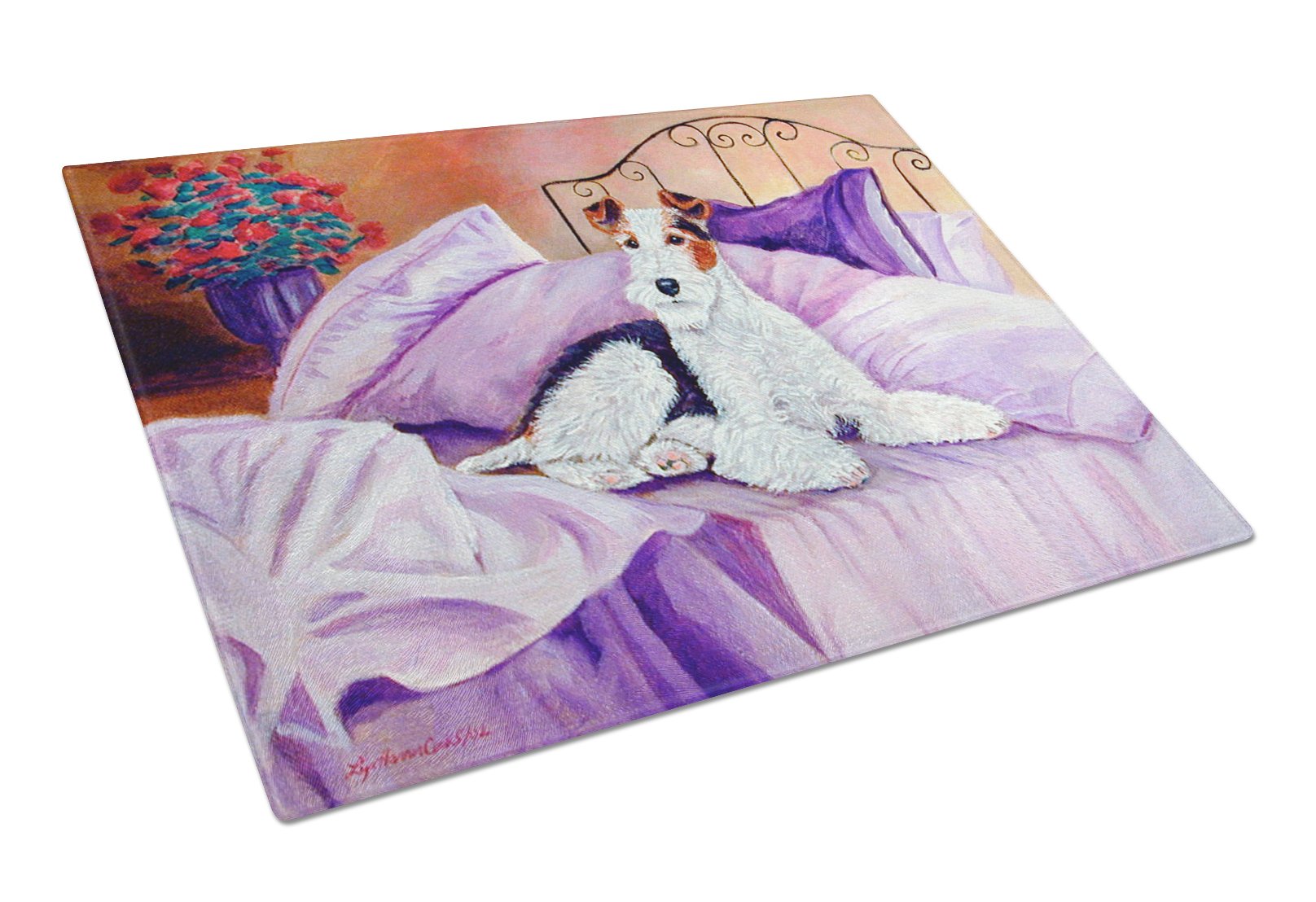Fox Terrier Waiting on Mom Tempered Glass Cutting Board - Large Decorative Kitchen Chopping & Serving Board for Fruits, Cheese & Charcuterie | Caroline's Treasures 7121LCB