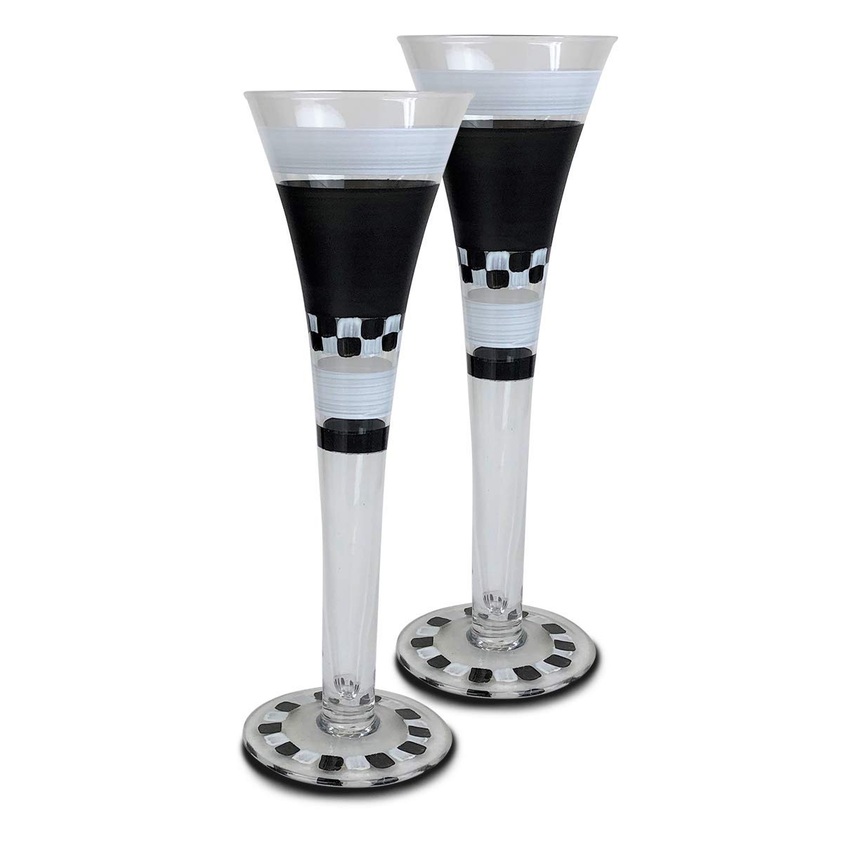 Hand Painted Hollow Champagne Flutes Set of 2 - Black and White Checkered Chalk Collection - Unique Glassware by USA Artists - Personalized Chalkboard Wine Glasses for Weddings, Parties & Home Decor
