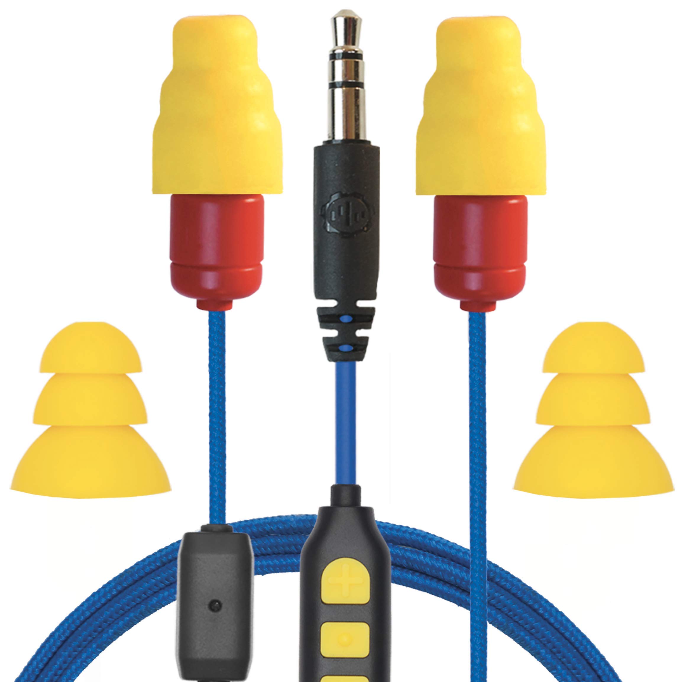 Plugfones Protector Plus VL Noise Cancelling Earbuds with Mic - In-Ear Earplug Headphones for Work, Construction & Shooting - Blue & Yellow Safety Earphones for Noise Reduction & Clear Calls