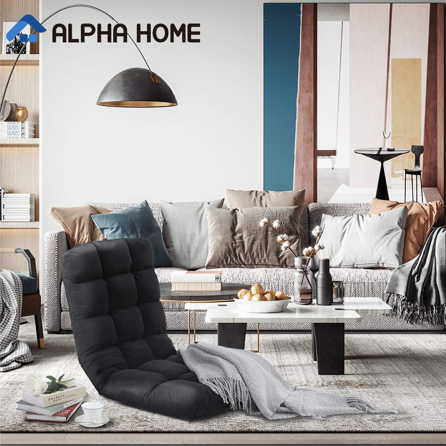 ALPHA HOME Adjustable Floor Chair with Backrest & Cushion - 4-Position Gaming Rocker, Folding Recliner Sofa for Living Room - Ergonomic Lounge Chair for Reading, Watching TV, Gaming & Relaxing (Black)