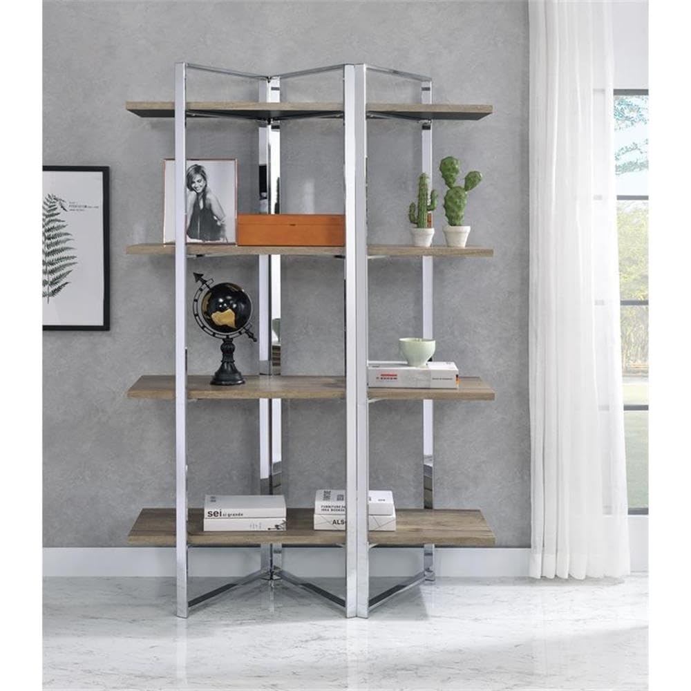 Acme Libby 4-Tier Fixed Wooden Shelf Rectangular Bookcase in Chrome Metal - Perfect for Home Office, Living Room & Bedroom Storage
