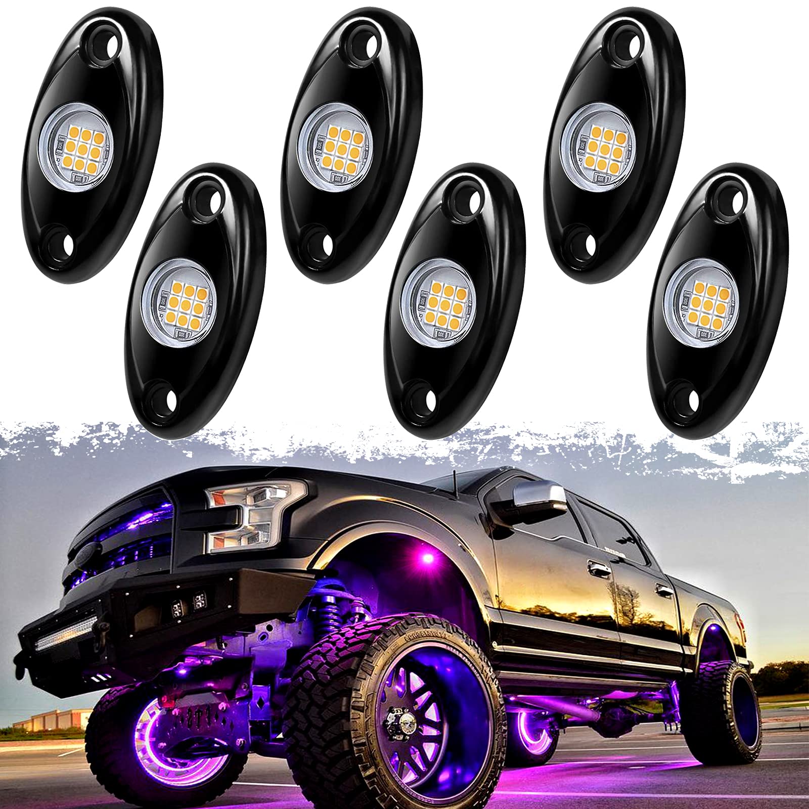 PSEQT 6 Pods LED Rock Lights - Waterproof Neon Underglow Lights for Cars, Trucks, ATV, UTV, SUV, Offroad, Boat | Underbody Glow Kit for Night Driving, Car Shows & Off-Road Adventures