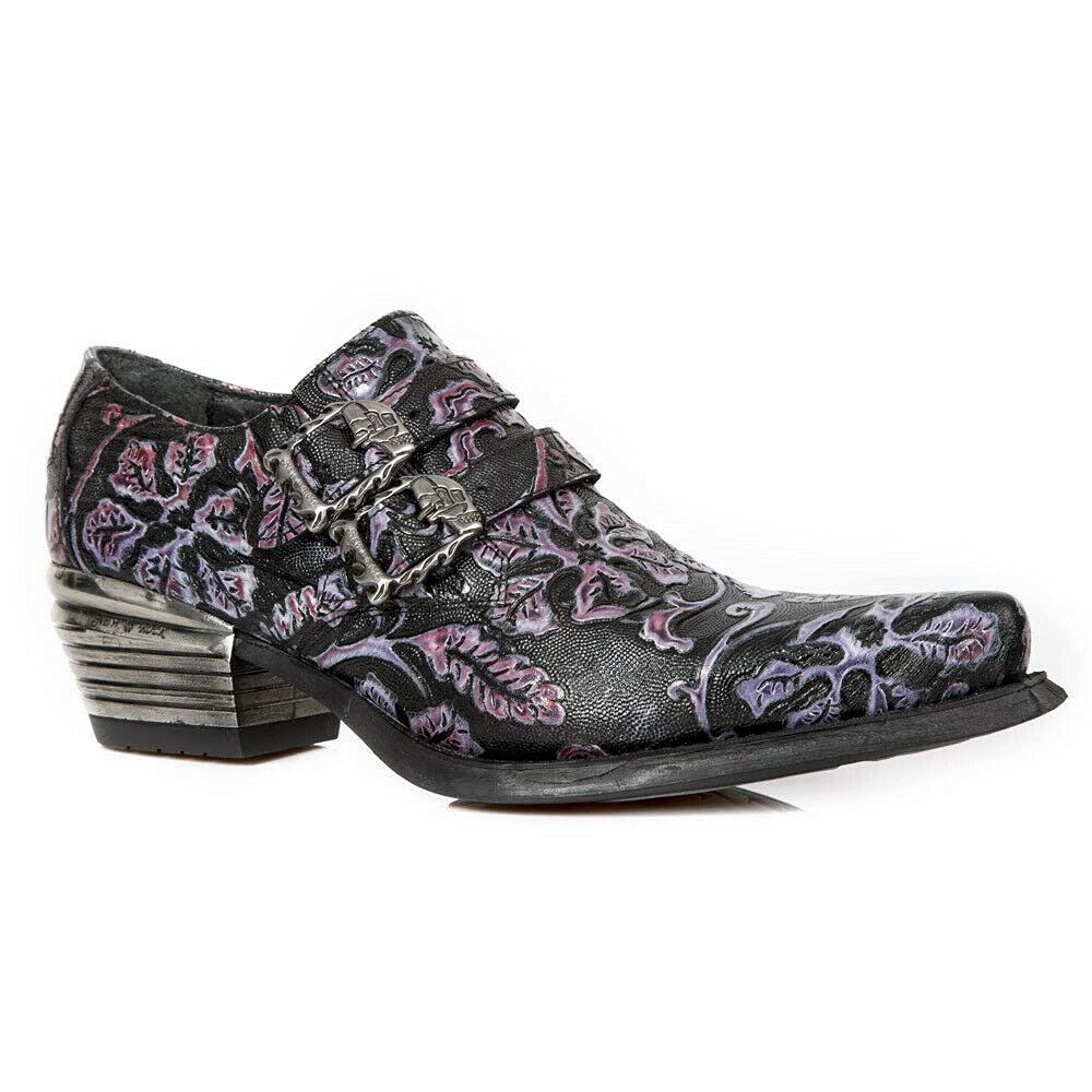 New Rock 7960 Men's Embossed Vintage Leather Boots with Buckle & Steel Heel - Stylish Motorcycle & Biker Shoes for Riding & Casual Wear