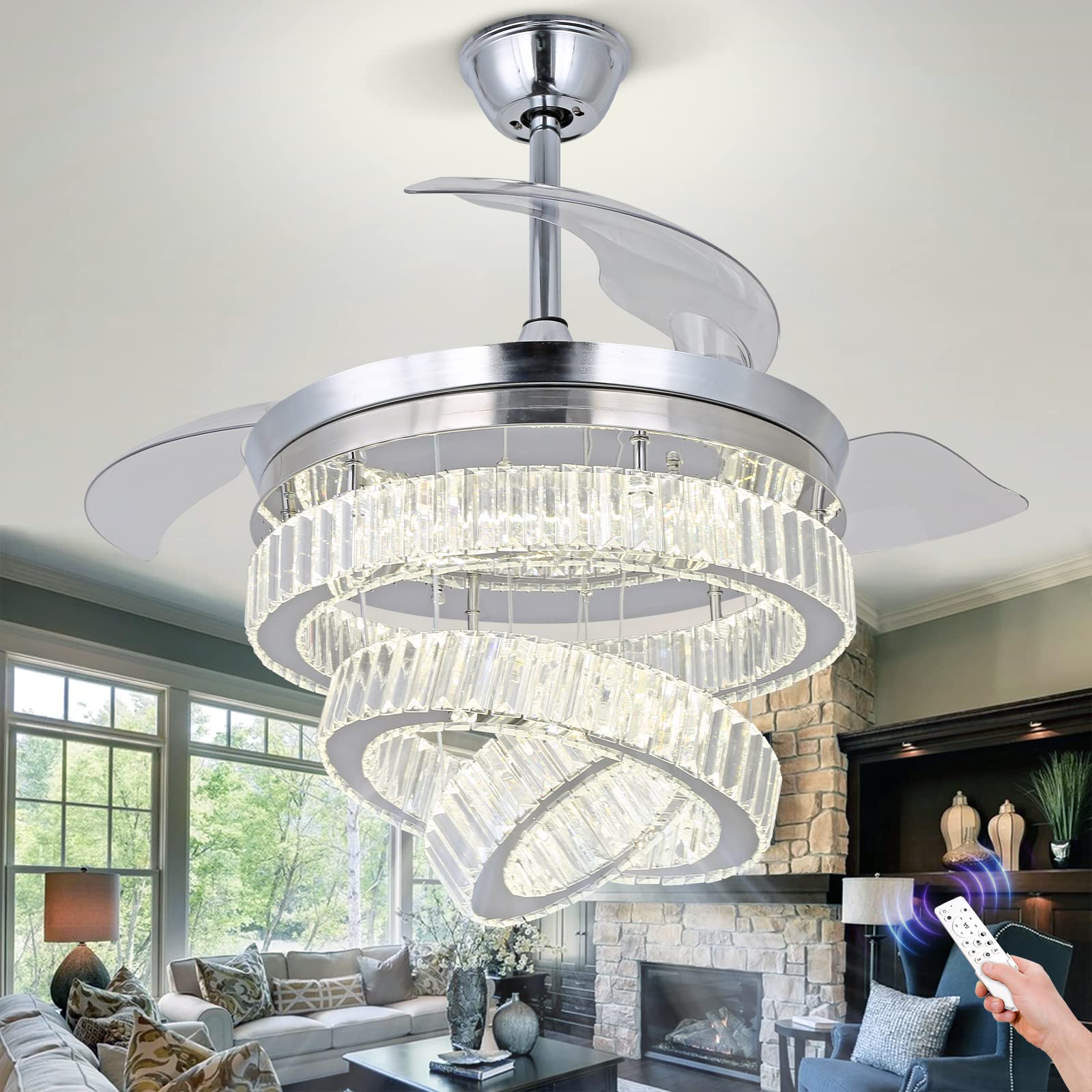 CXGLEAMING 42-Inch Modern Crystal Ceiling Fan with LED Lights & Dimmable Chandelier - 3 Ring Crystal Fandelier, 6-Speed Flush Mount Fan for Living Room, Bedroom, Dining Room - Perfect for Home Decor & Air Circulation