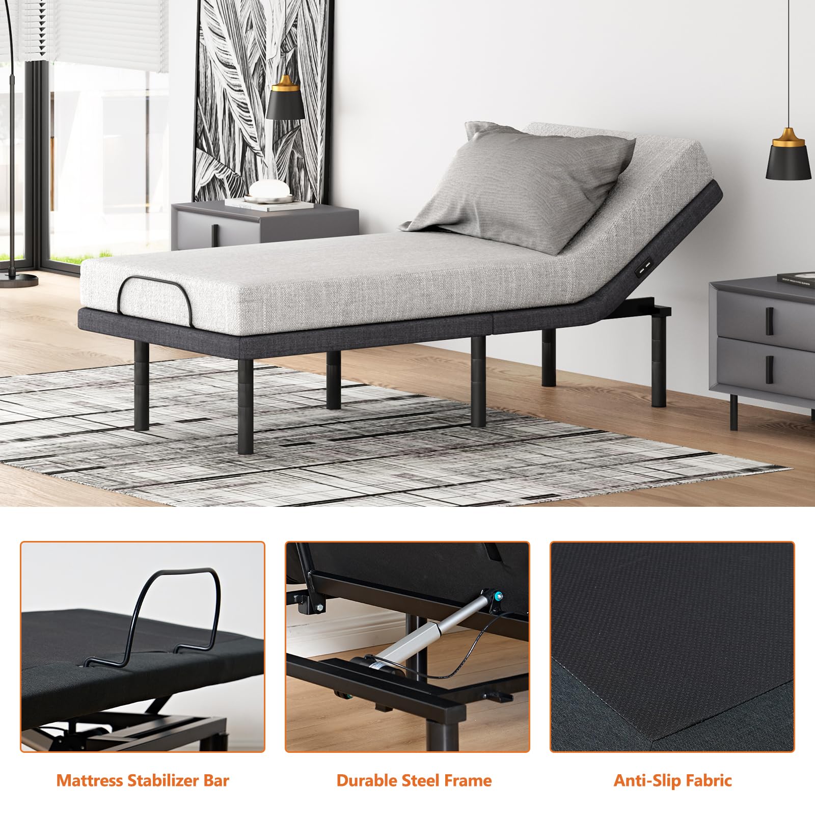 Soges Adjustable Bed Base Electric Twin XL Size - Quiet Durable Motor, Easy Assembly, USB Ports, Nightlight, Head/Foot Incline, Remote Control - Perfect for Home, Hospital, and Elderly Care Comfort