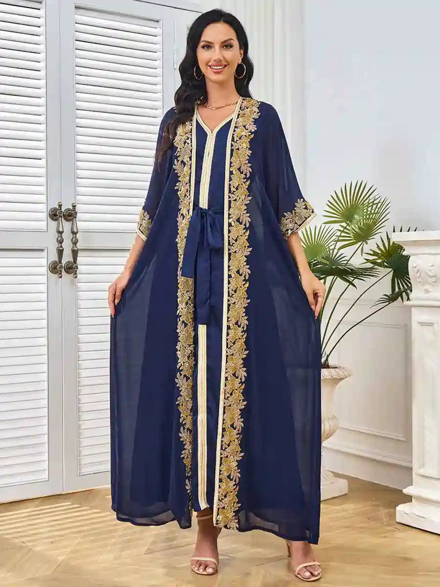 Elegant Beaded Eid 2-Piece Set - Batwing Sleeve Farasha Kaftan Dress for Women | Perfect for Eid Celebrations, Weddings & Special Occasions (#25264)