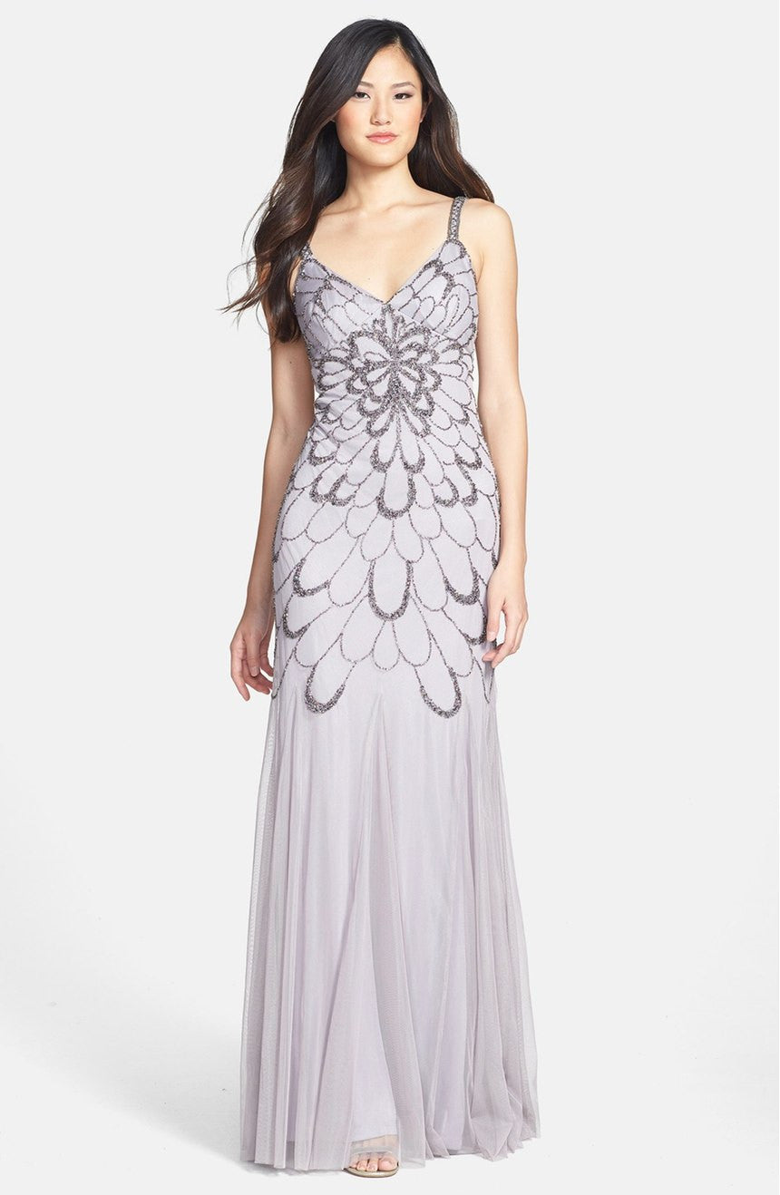 Adrianna Papell Beaded Backless Mesh Art Deco Evening Gown in Heather Grey - Perfect for Formal Events, Galas, and Red Carpet Occasions