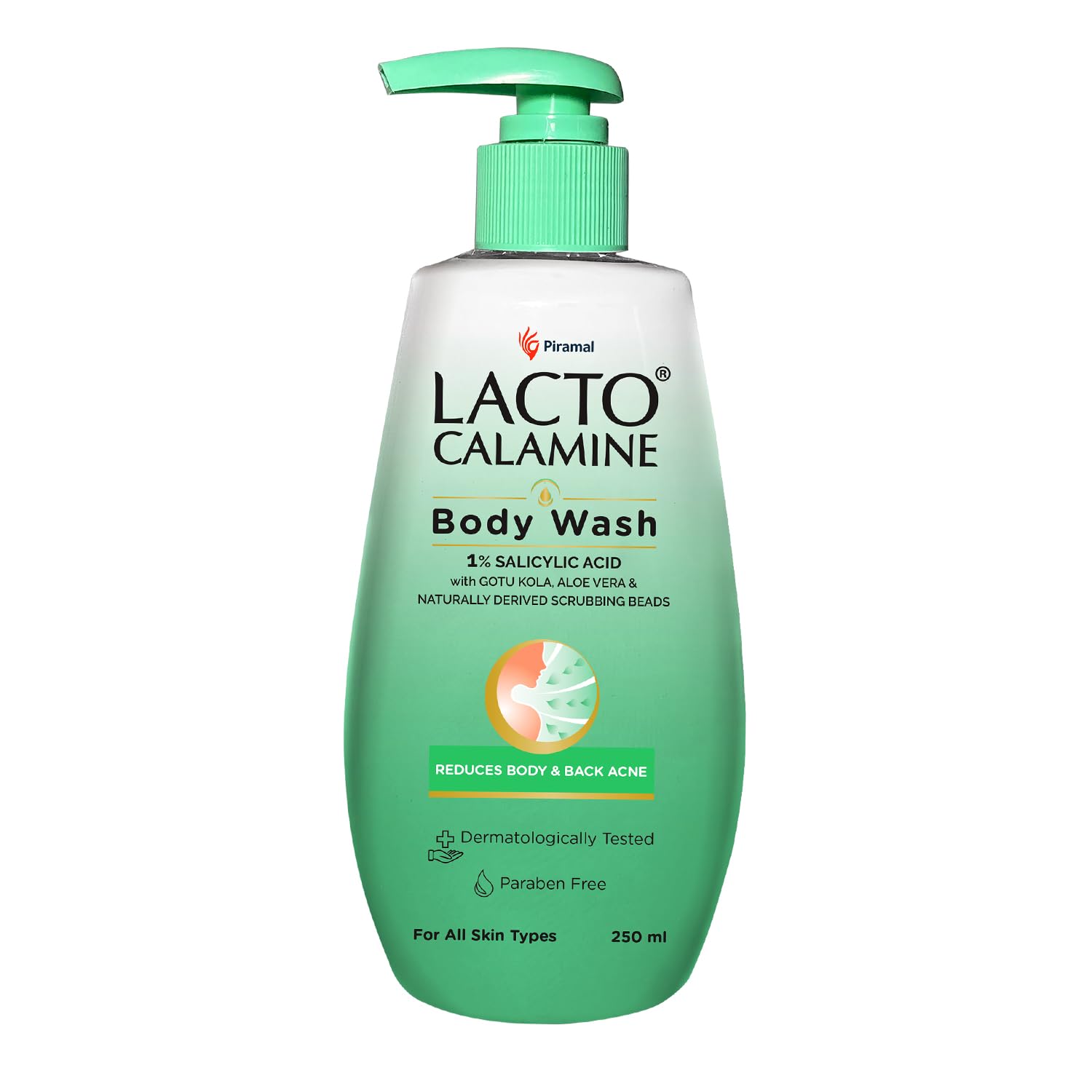 Lacto Calamine 1% Salicylic Acid Acne Body Wash - 250ml | Treats Body Acne, Back Acne & Bumpy Skin | With Cica, Aloe Vera, Turmeric & Natural Exfoliating Beads | Paraben-Free Shower Gel for Men & Women | Perfect for Daily Cleansing & Preventing Breakouts