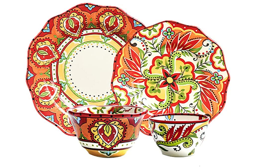 Exotic Style 6-Piece Ceramic Dinnerware Set - Hand Painted Red Plates & Bowls with Colorful Floral Patterns | Perfect for Carnival Parties, Home Dining, and Special Occasions