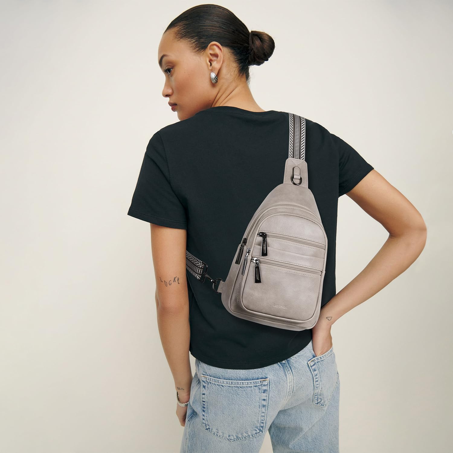 Stylish Vegan Leather Crossbody Sling Bag for Women - Light Grey Fanny Pack Shoulder Purse Backpack for Travel, Gym, Hiking & Daily Use