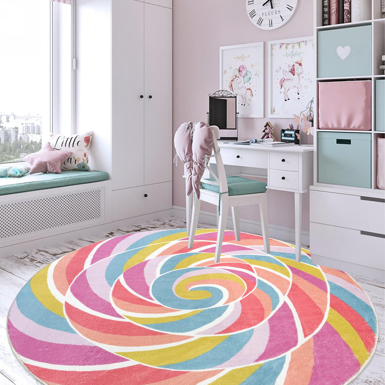 6Ft Round Rainbow Lollipop Kids Play Mat - Non-Slip Nursery Rug for Girls Bedroom, Classroom & Playroom - Large Circle Candy Themed Carpet for Children's Room Decor & Candyland Party Decorations - Perfect for Playtime, Learning Activities & Birthday Celebrations