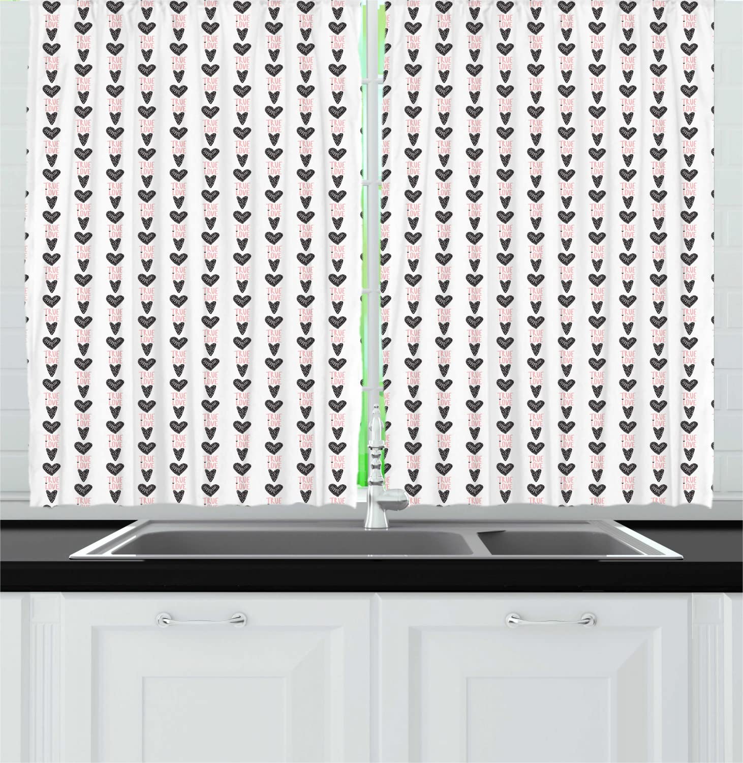 Ambesonne Romantic Long Kitchen Curtains - True Love Lettering with Heart Doodles, Valentine's Day Theme, 2 Panels with Rod Pocket, 55
