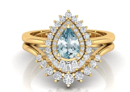 7X5MM Aquamarine Pear Cut Vintage Art Deco Ring Set - Moissanite Baguette & Floral Engagement Rings - Edwardian Style Double Halo Wedding Ring Set for Brides, Anniversary Gifts & Special Occasions
