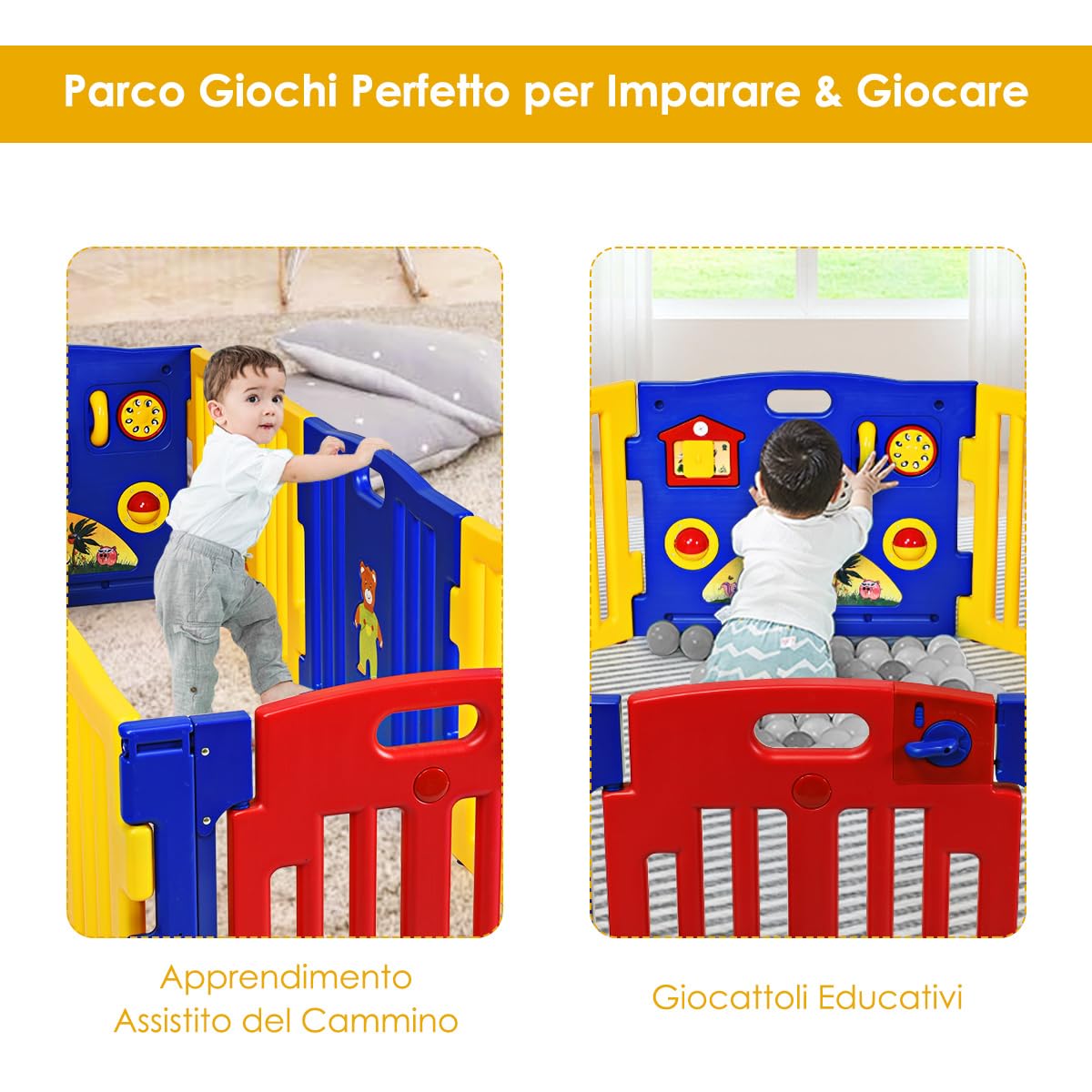 GYMAX Kids Play Fence with Gate & Lock - Durable Plastic Playpen, Foldable & Expandable Design, Non-Slip Suction Cups for Indoor Safety - Perfect for Toddlers, Home, Daycare & Kindergarten Play Areas