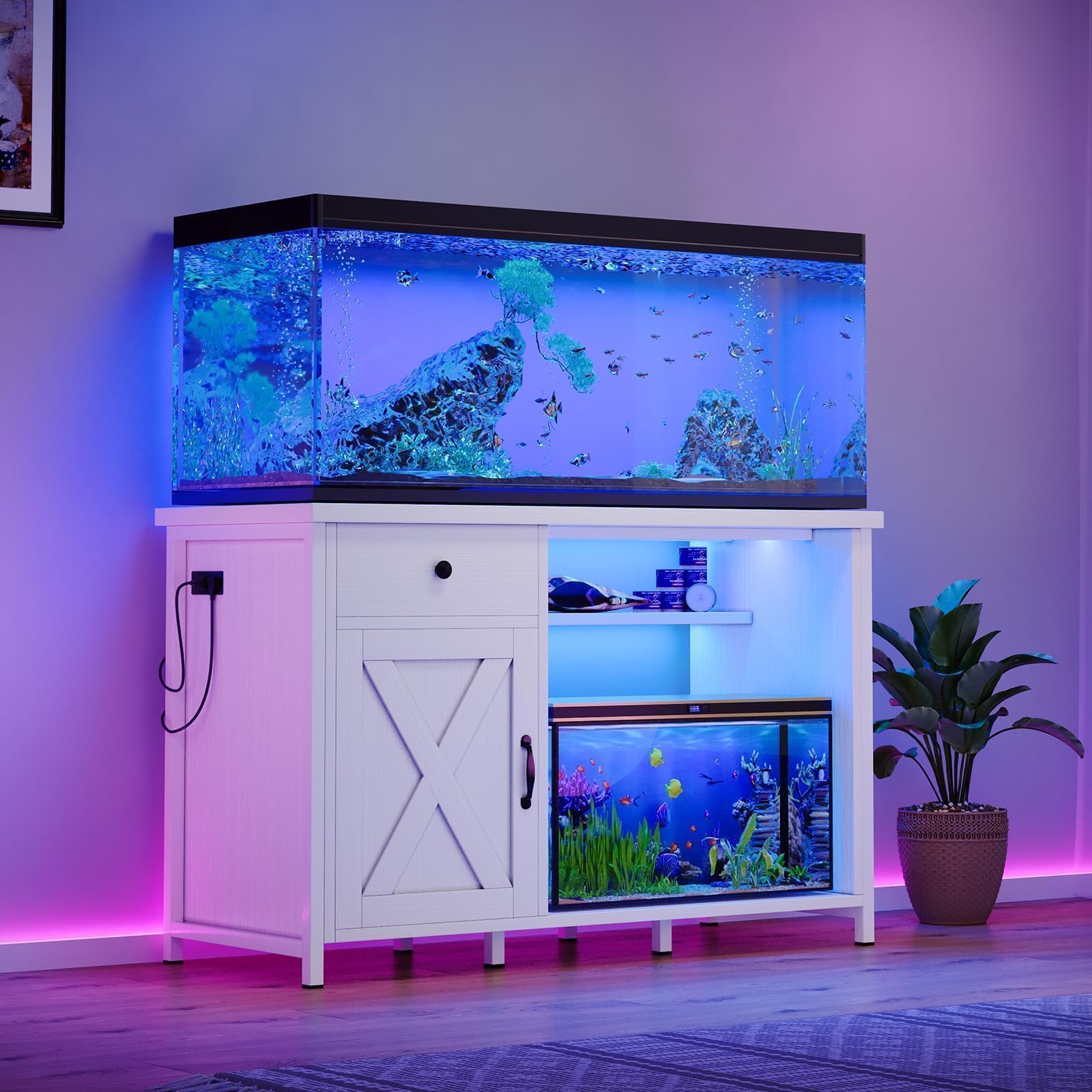 55-75 Gallon Aquarium Stand with Power Outlets & LED Light - Heavy Duty Metal Fish Tank Stand with Storage Drawer & Barn Door - White Turtle & Reptile Terrarium Cabinet - Perfect for Home, Office or Pet Store Display