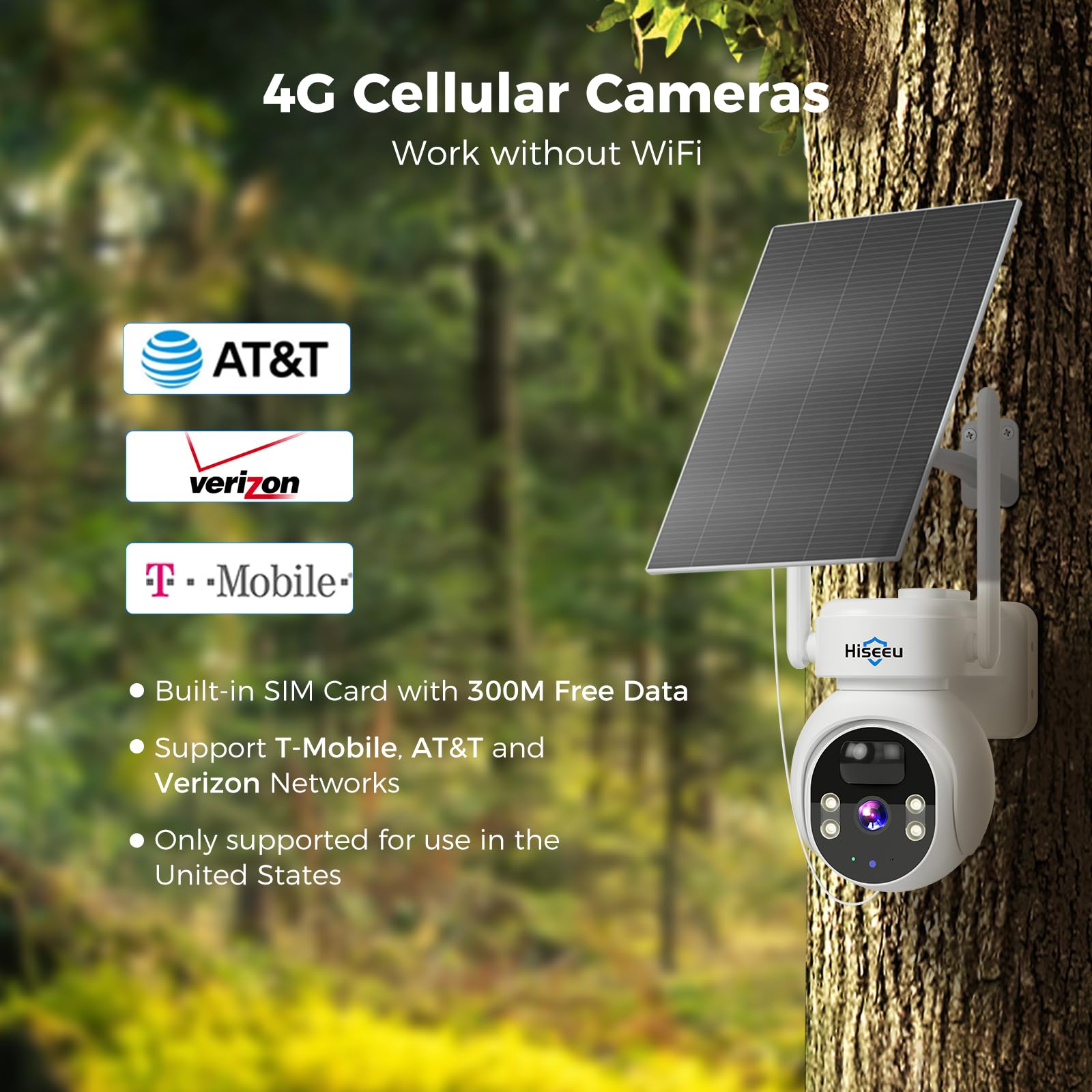 Hiseeu 4G LTE Solar Security Camera Wireless Outdoor - No WiFi Needed, 24/7 Recording, 360° PTZ, 2K HD Night Vision, 2-Way Audio, 20000mAh Battery, 64GB SD & SIM Card Included - Ideal for Home Security, Farm Monitoring, and Remote Property Surveillance