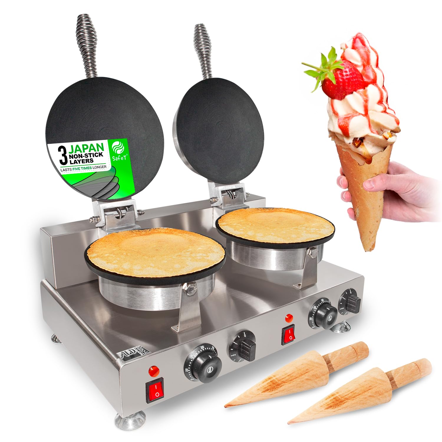 ALDKitchen Waffle Cone Maker - 2 Head Nonstick Electric Ice Cream Cone Maker Machine for Homemade Desserts | Perfect for Parties, Ice Cream Shops & Home Baking