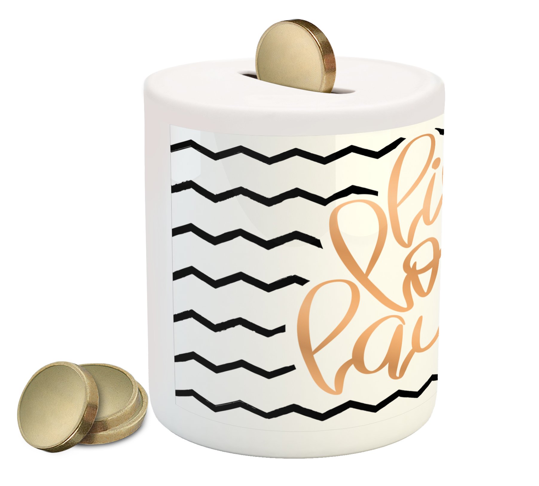 Ambesonne Ceramic Piggy Bank - Calligraphic Live Laugh Love Design with Chevron Stripes, 3.6