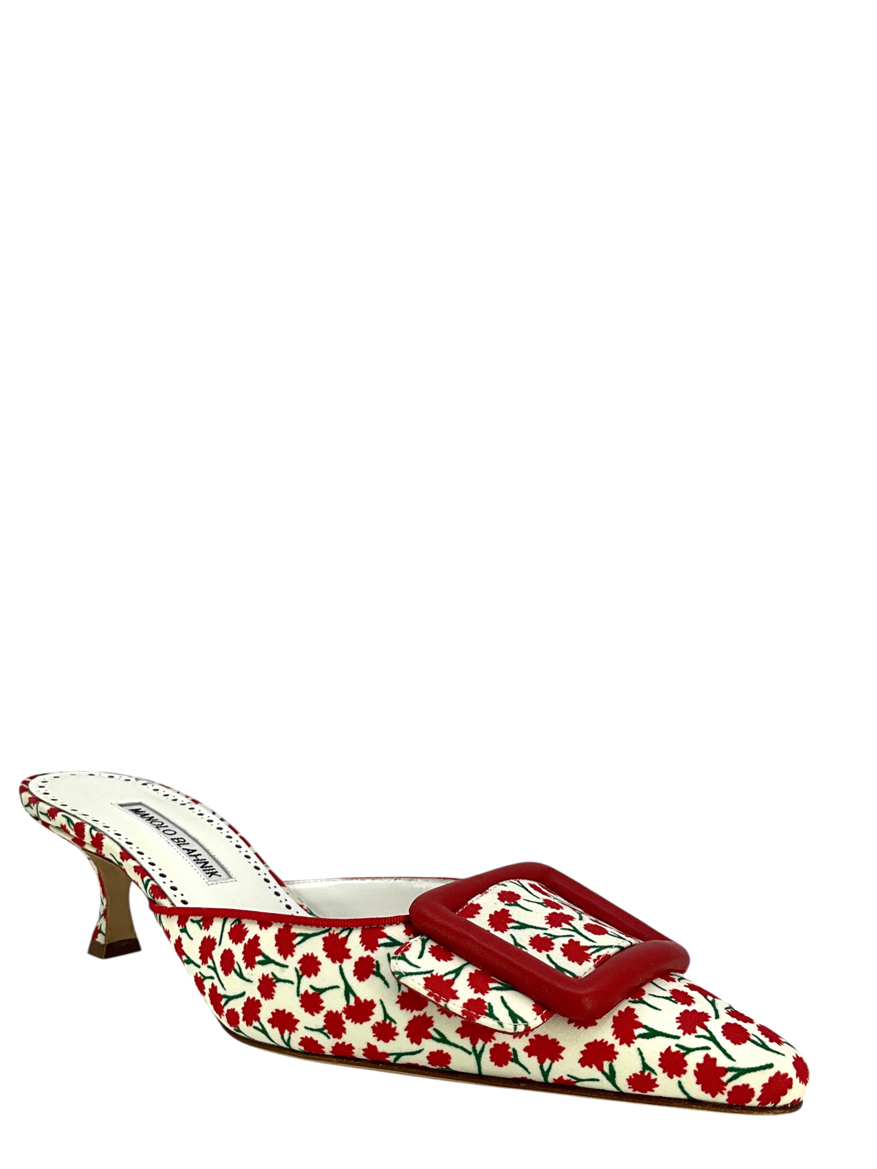 Manolo Blahnik Maysalebi Floral Satin Buckle Mules - Women's Size 9 Luxury Heels for Weddings, Parties & Special Occasions