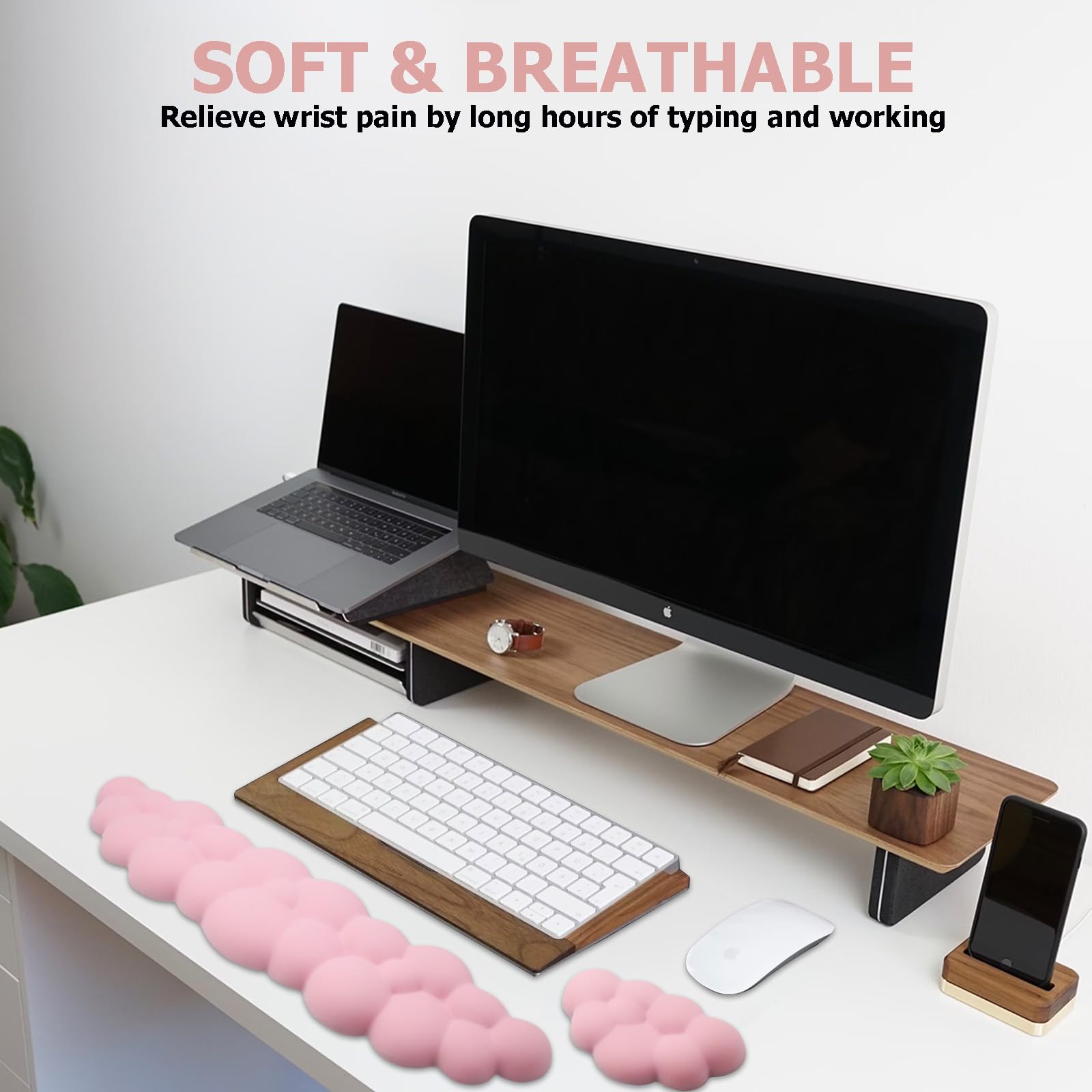 Ergonomic Keyboard Wrist Rest - PU Leather Memory Foam Cloud Wrist Pad for Pain Relief, Gaming, Office, Laptop, and Typing - Pastel Pink for Enhanced Comfort and Productivity