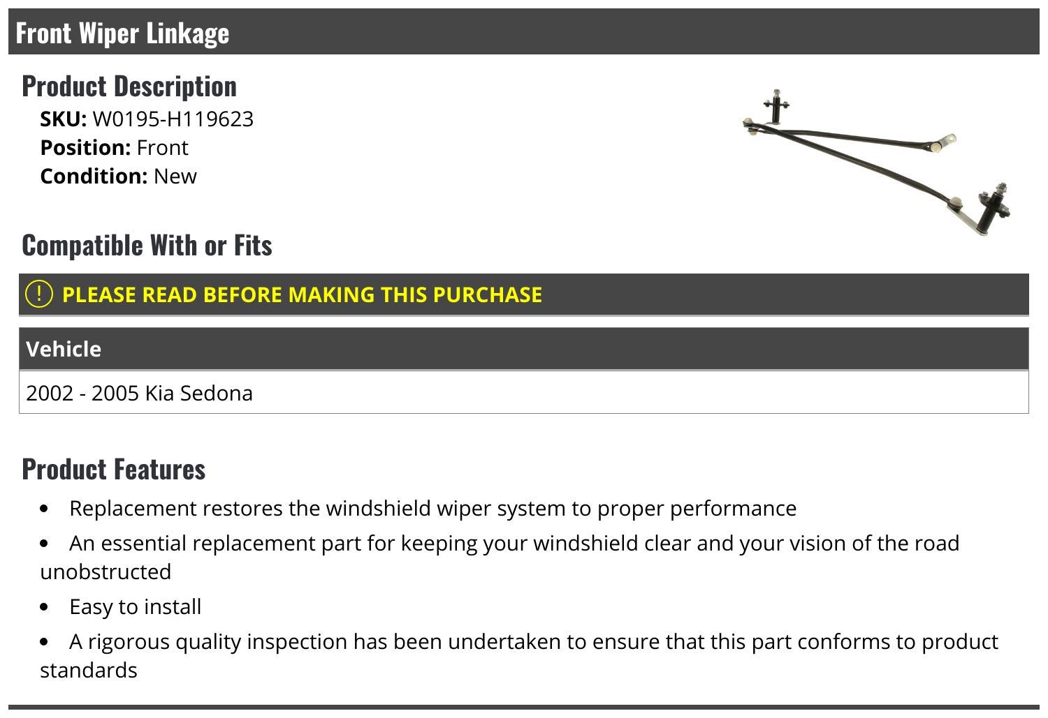 2002-2005 Kia Sedona Front Windshield Wiper Linkage Replacement - Durable Wiper Arm Connector for Smooth Wiping Performance - Perfect for Rainy Weather and Winter Driving Conditions