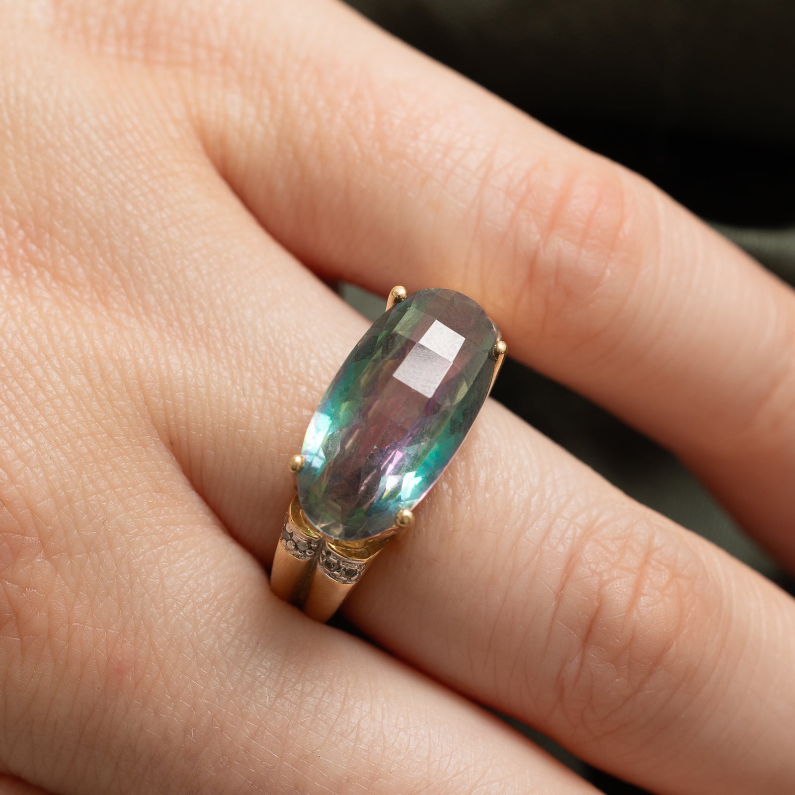 East West Mystic Topaz & Diamond Cocktail Ring - 8.00ct Mystic Topaz with 0.04ctw Diamonds - Size 6.75 - Elegant Jewelry for Evening Parties, Weddings & Special Occasions