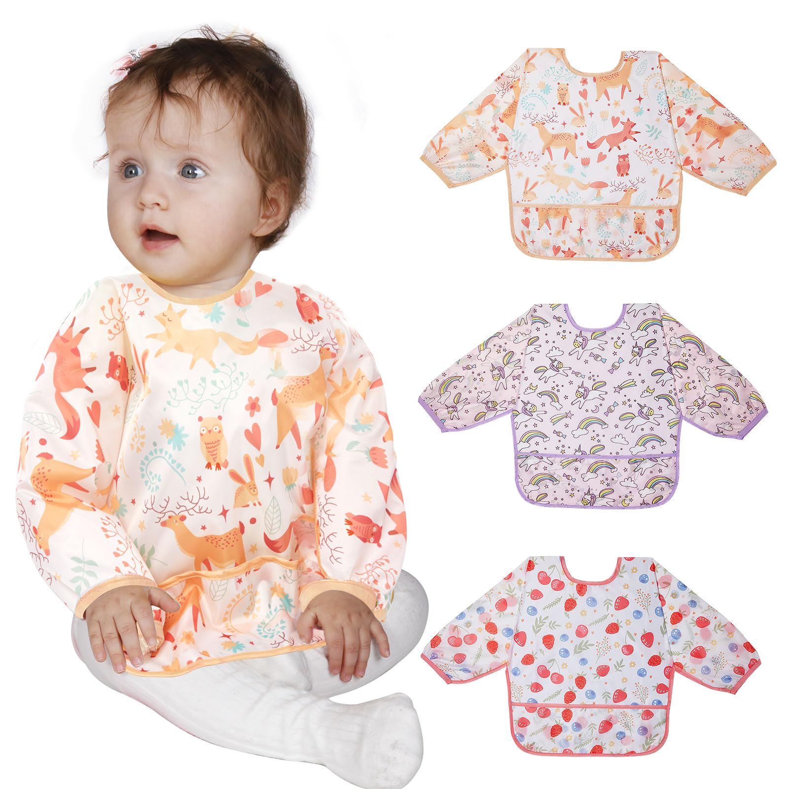 Lictin 3 Pack Baby Bibs for Boys & Girls - Waterproof Long Sleeve Toddler Bibs with Cute Designs - Perfect for Feeding, Mealtime & Messy Play