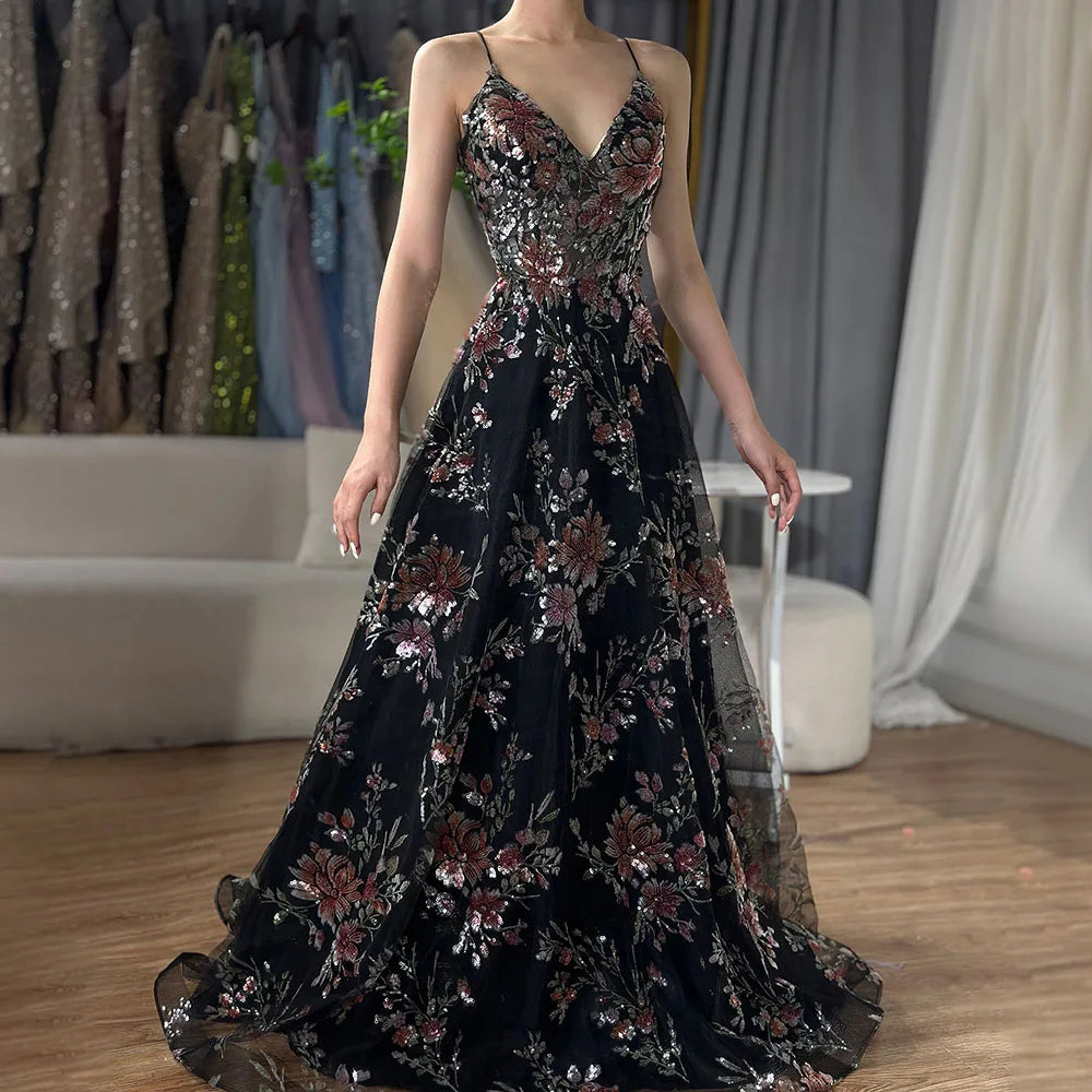 Luxury Dubai Black Beaded Spaghetti Strap A-Line Prom Dress for Formal Occasions - Perfect for Saudi Arabian Weddings, Evening Galas & Special Events LA72773
