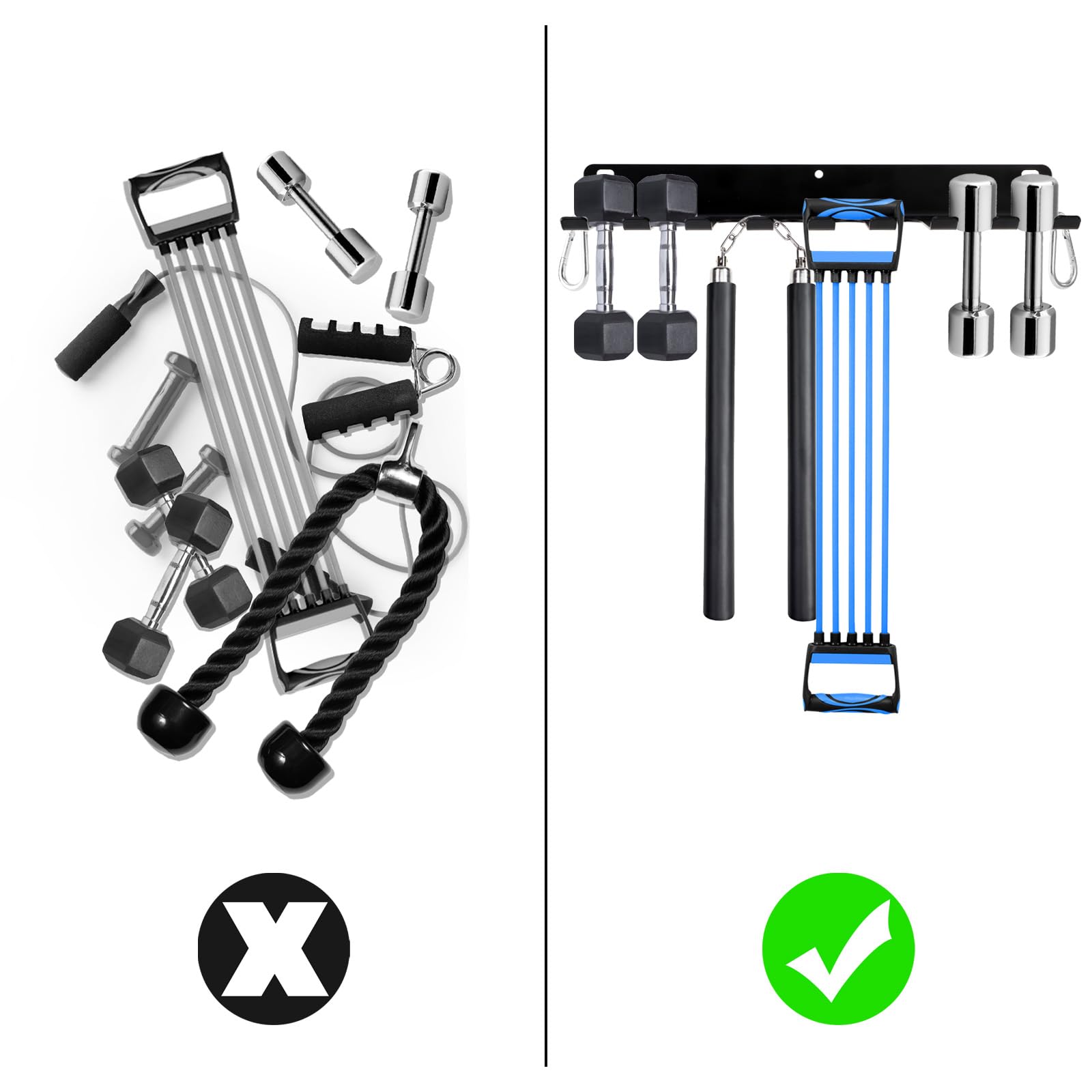 Tebery 9-Hook Wall Mount Gym Storage Rack - Heavy Duty Metal Fitness Equipment Organizer for Exercise Bands, Jump Ropes, Barbells & Lifting Belts - Perfect for Home Gym, Garage & Workout Room Organization