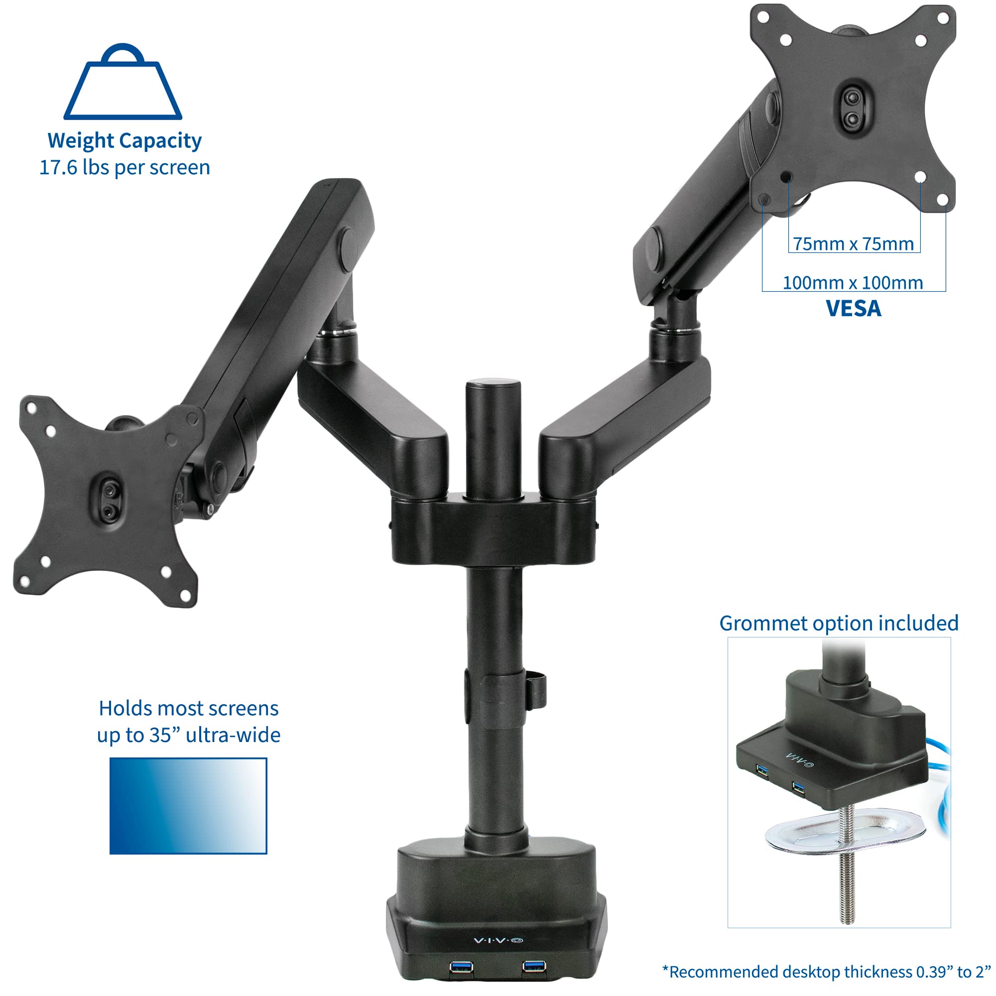 Premium Aluminum Full Motion Dual Monitor Desk Mount Stand with Lift Engine Arm - Adjustable Pole Extension & USB Ports - Fits Ultrawide Screens up to 35 inches (STAND-V102BDU) - Ideal for Home Office, Gaming Setup & Workspace Ergonomics