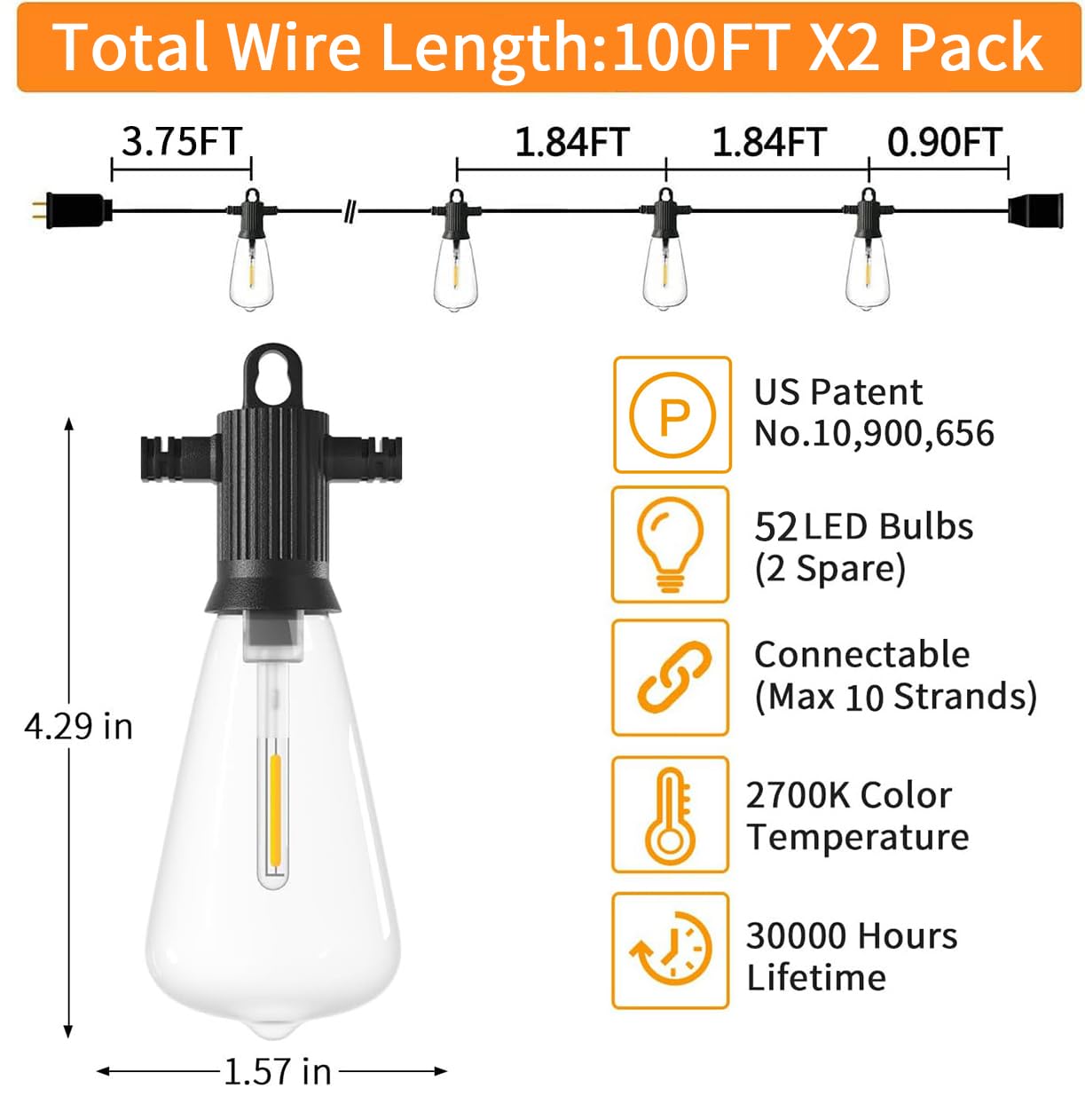 ZOTOYI 200FT Outdoor LED String Lights - Waterproof IP65, 104 Shatterproof ST38 Bulbs (4 Spare Included) - 2700K Warm White - Perfect for Patio, Backyard, Garden, Bistro & Wedding Decor (2-Pack 100FT Each)