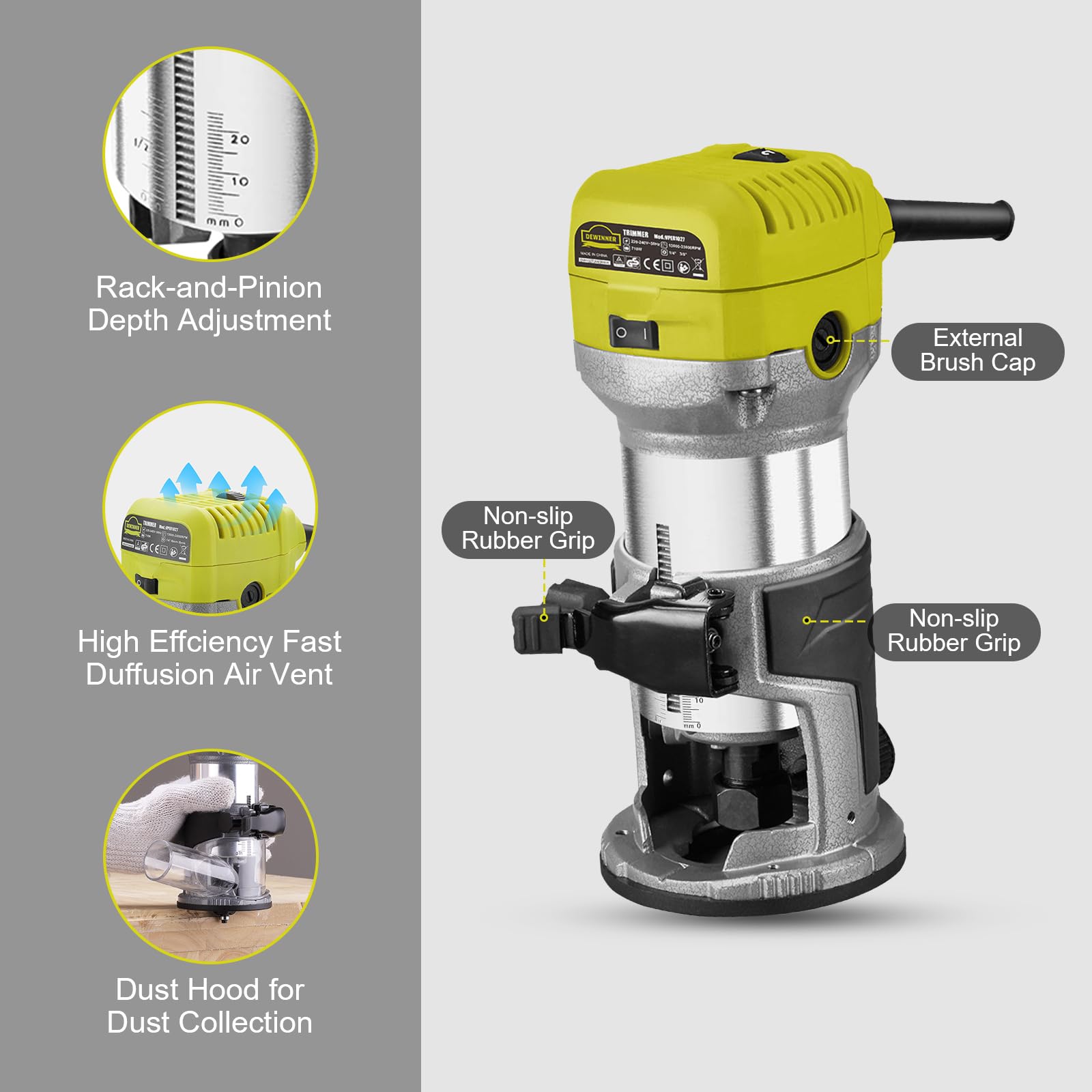 DEWINNER 710W Electric Wood Router Tool, 13000-33000 RPM Variable Speed with 6 Adjustments - Includes 3 Clamps & 5 Router Bits for Woodworking, DIY Projects, Cabinet Making, and Furniture Crafting