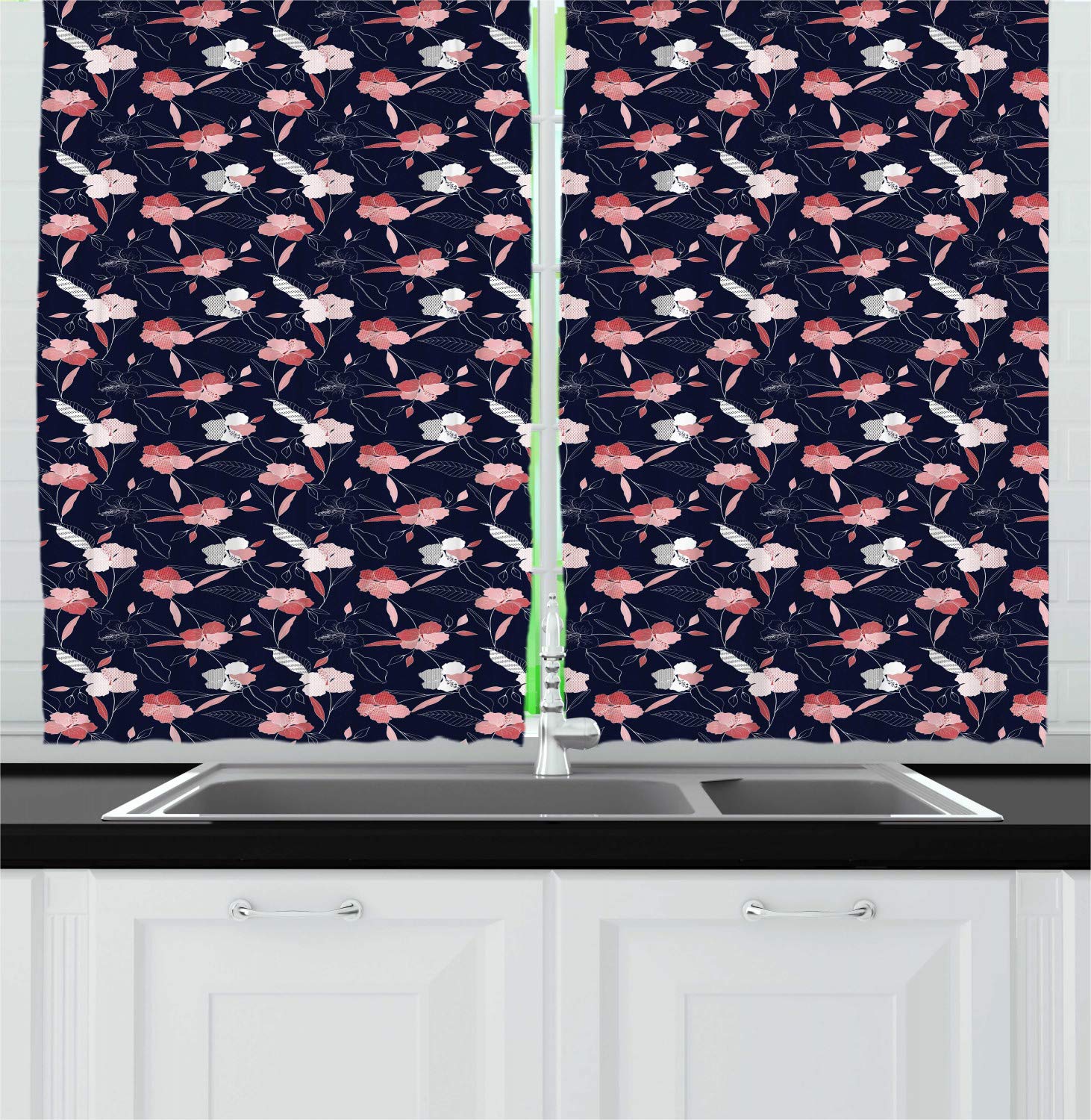 Ambesonne Floral Kitchen Curtains - Abstract Modern Design with Delicate Flowers, 2 Panel Window Drapes for Kitchen & Cafe Decor, 55