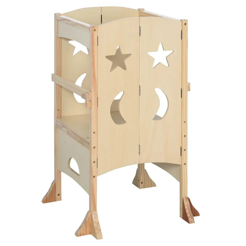 Qaba Kids Toddler Tower - Natural Wood Learning Step Stool for Kitchen, Montessori Helper for Babies & Toddlers - Safe Standing Platform for Cooking, Baking & Learning Independence
