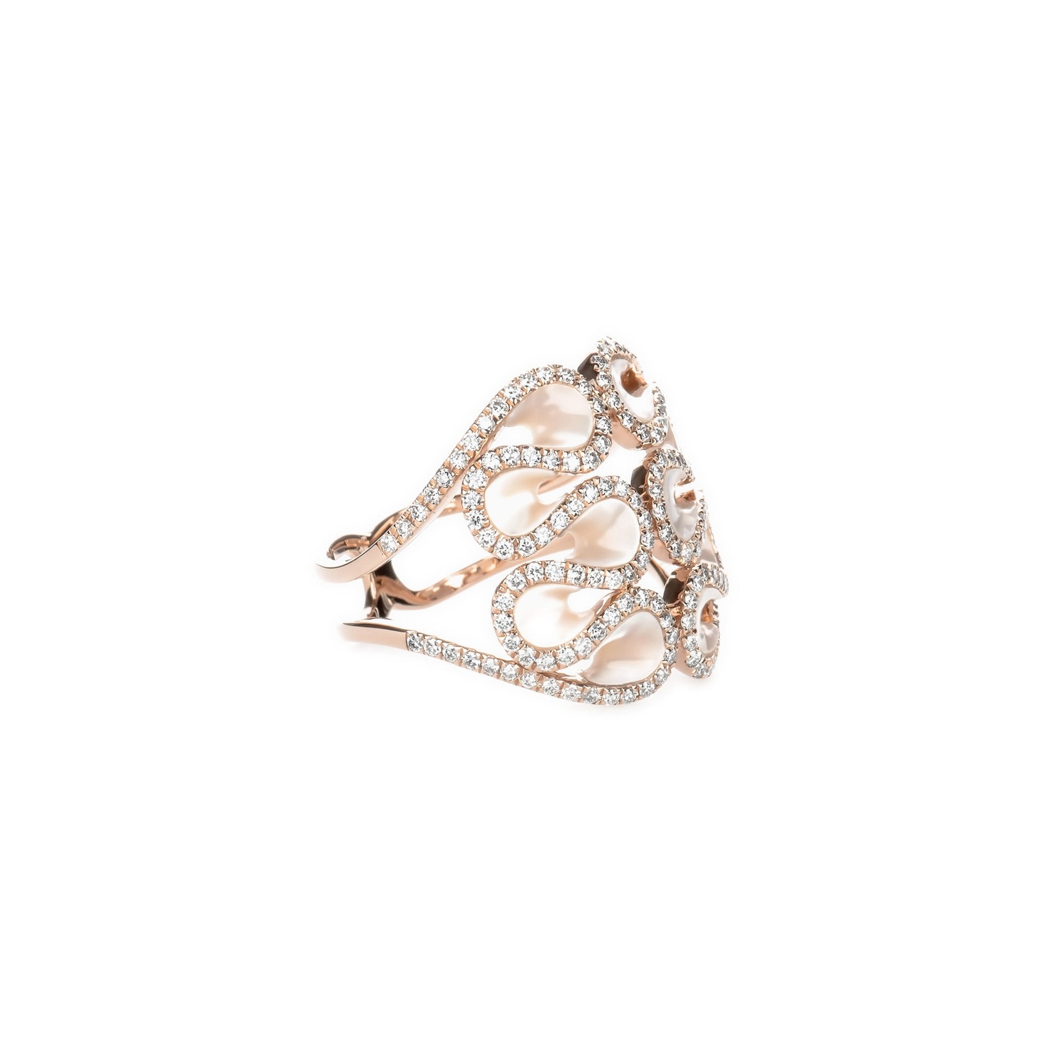 14K Rose Gold Abstract Swirl Mother of Pearl and Diamond Cocktail Ring - Elegant Statement Jewelry for Evening Parties & Special Occasions