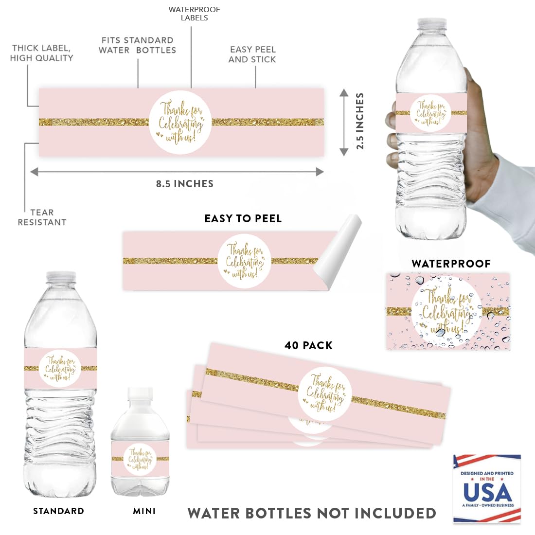 Blush Pink Gold Glitter Water Bottle Labels - 20-Pack Bridal Shower, Sweet 16, Wedding Stickers for Custom Drink Wraps | Perfect for Party Decorations, Baby Showers & Special Events