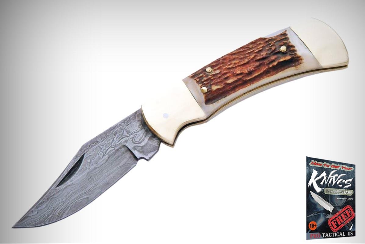 Premium Damascus Steel Folding Knife with Stag Handle - Lockback Design for Outdoor, Camping & EDC Use - ProTactical USA
