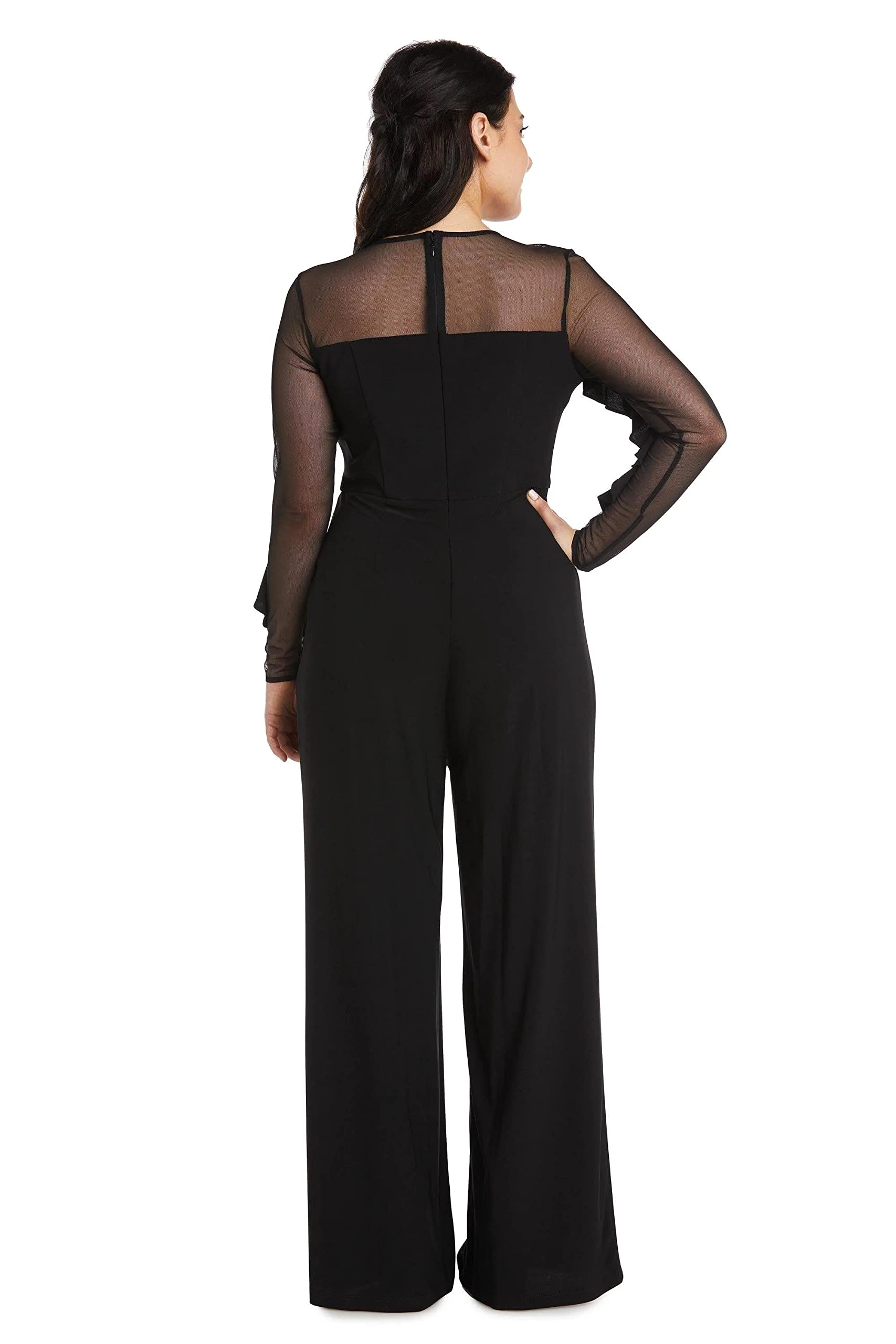 R&M Richards Women's Elegant Ruffled Illusion Sleeve Formal Jumpsuit for Evening Gala, Wedding Guest & Special Occasions