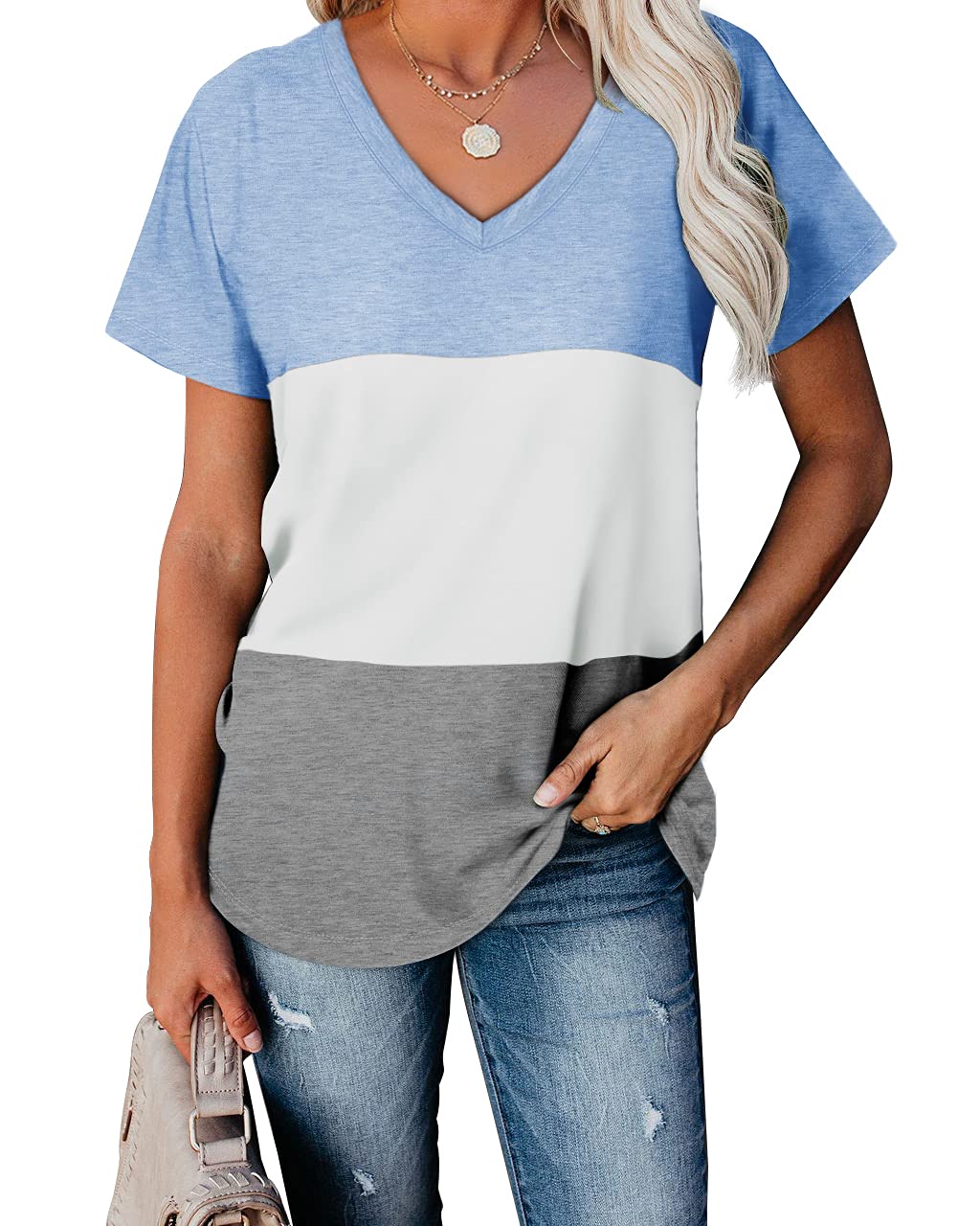 WEESO Women's V-Neck Color Block T-Shirt - Summer Casual Short Sleeve Blouse for Work, Travel & Everyday Wear