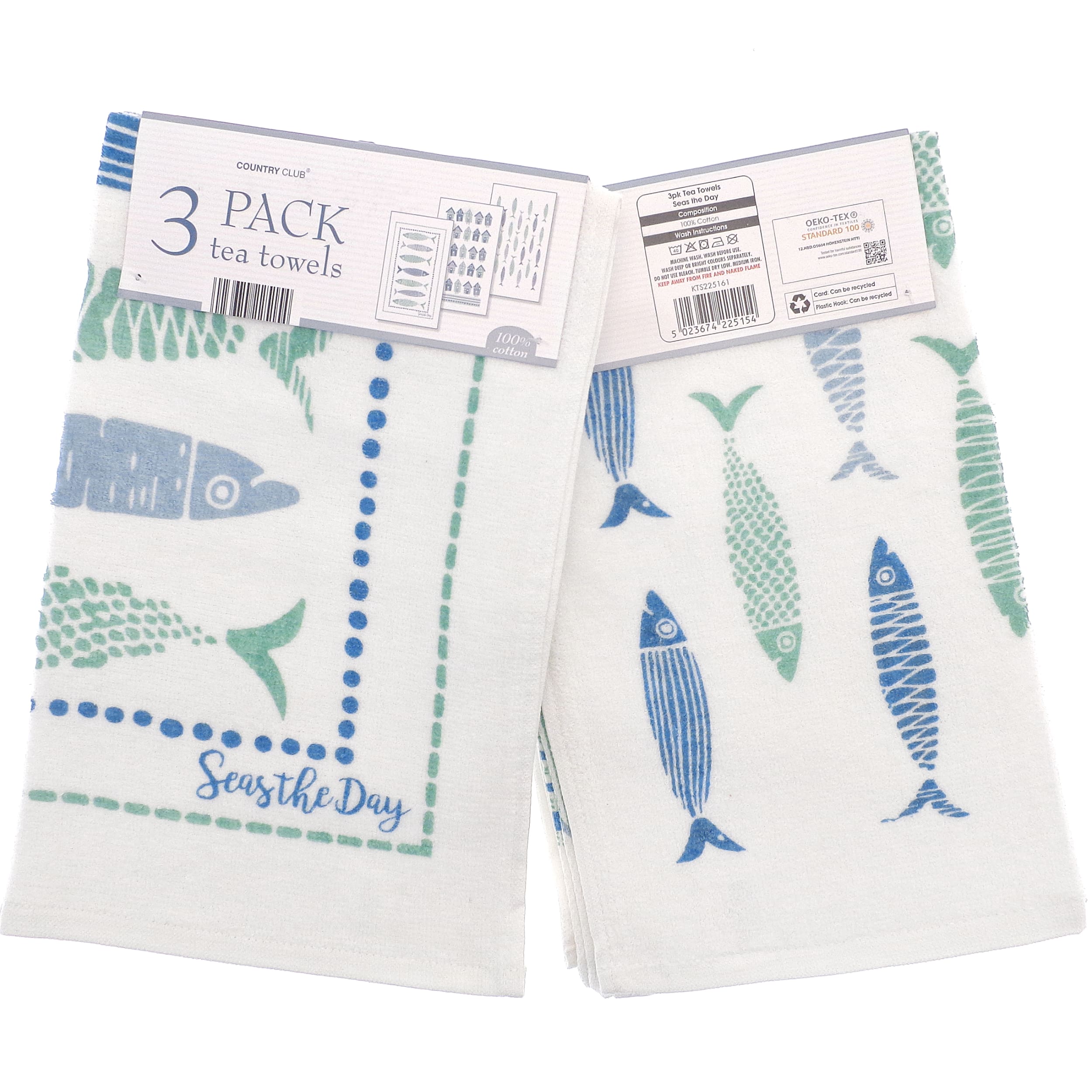 Seas The Day Tea Towels (3 Pack) - Premium Cotton Kitchen Towels for Drying Dishes, Cleaning & Decor - Perfect for Beach House, Coastal Decor & Nautical Themed Kitchens