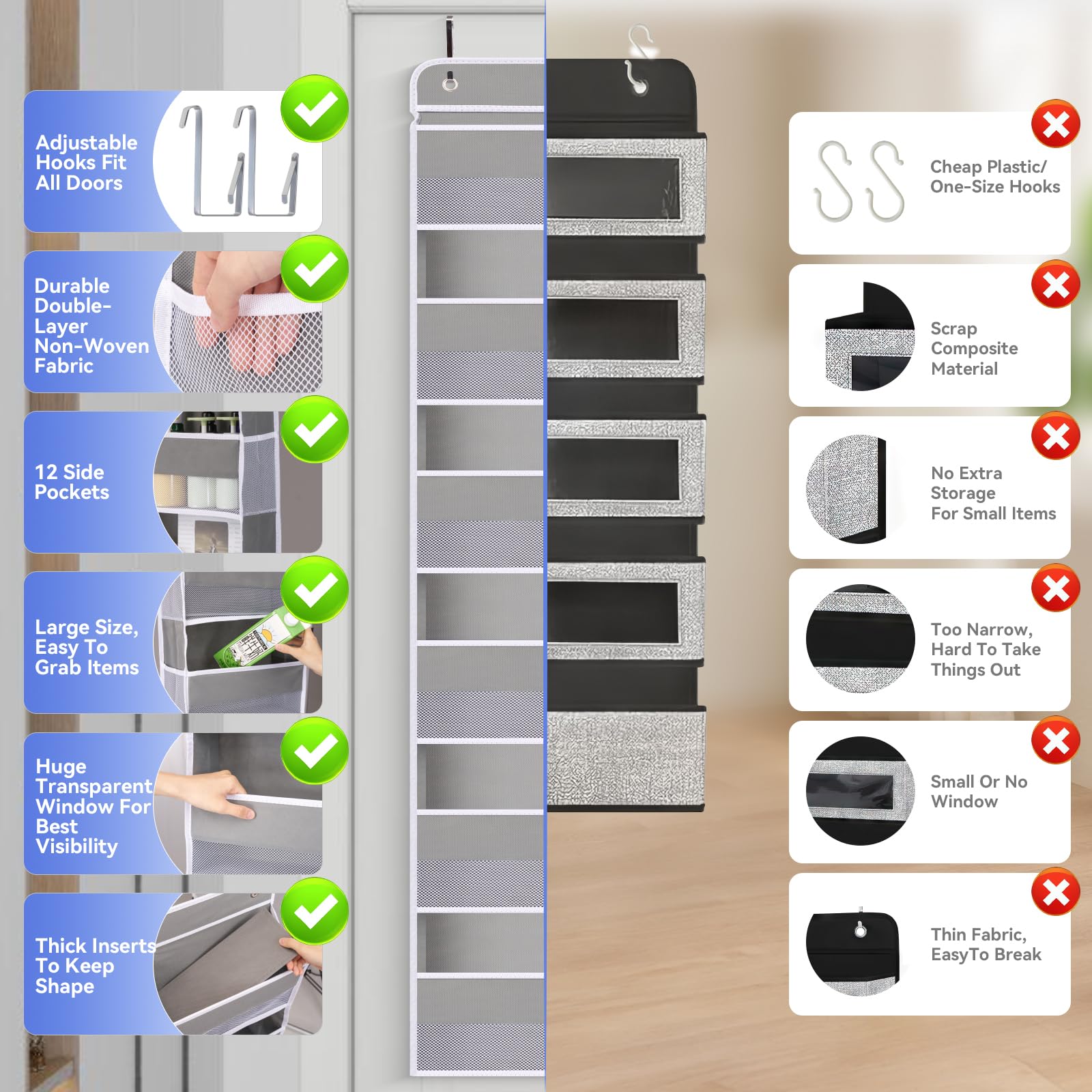 WishJazz Over The Door Organizer Storage - 6 Shelf Hanging Closet Organizer with Anti-Tilt Design, Holds 50 lbs - Heavy Duty Behind Door Storage for Bathroom, Bedroom, Pantry, Nursery & Baby Toy Organization - Perfect for Small Space Storage & Home Organization