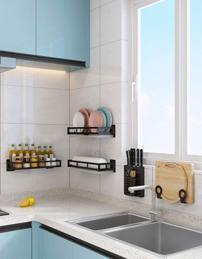 Wall Mounted Kitchen Organizer Set - Plate Rack, Bowl Rack, Pot Lid Holder, Cutting Board Storage, Knife Rack & Spice Organizer | Space Saving Kitchen Storage Solution for Small Kitchens, Apartments & RV Living
