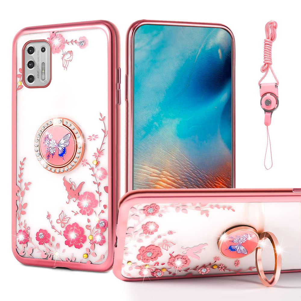 Motorola Moto G Stylus 2021 4G Phone Case with Ring Kickstand & Lanyard - Cute Floral Shockproof Protective Cover for Women (Rose Butterfly) | Perfect for Daily Use, Work, and Travel Protection