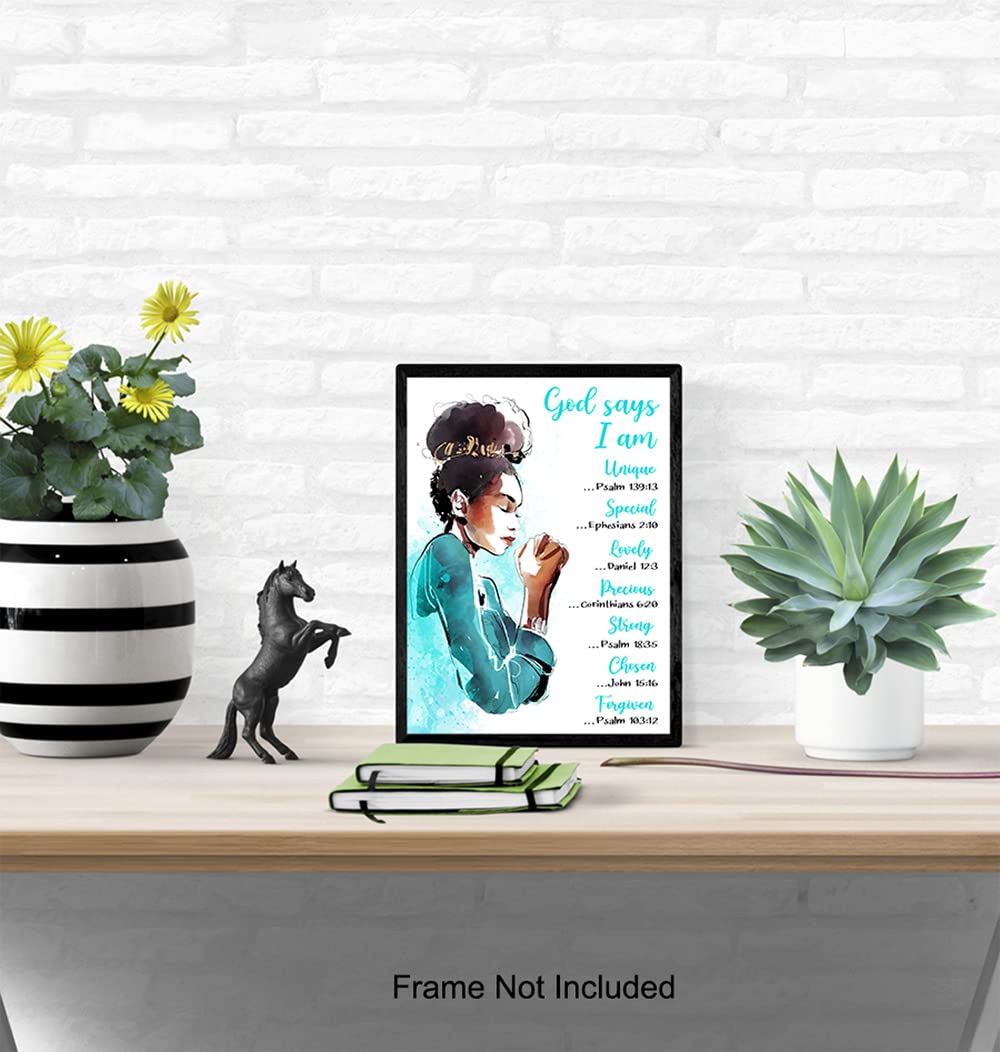 Inspirational Bible Verse Wall Art for African American Women - God Says You Are - Motivational Christian Scripture Decor - Religious Gift for Black Girls Bedroom - Blue 8x10 - Perfect for Home, Office & Church Decor