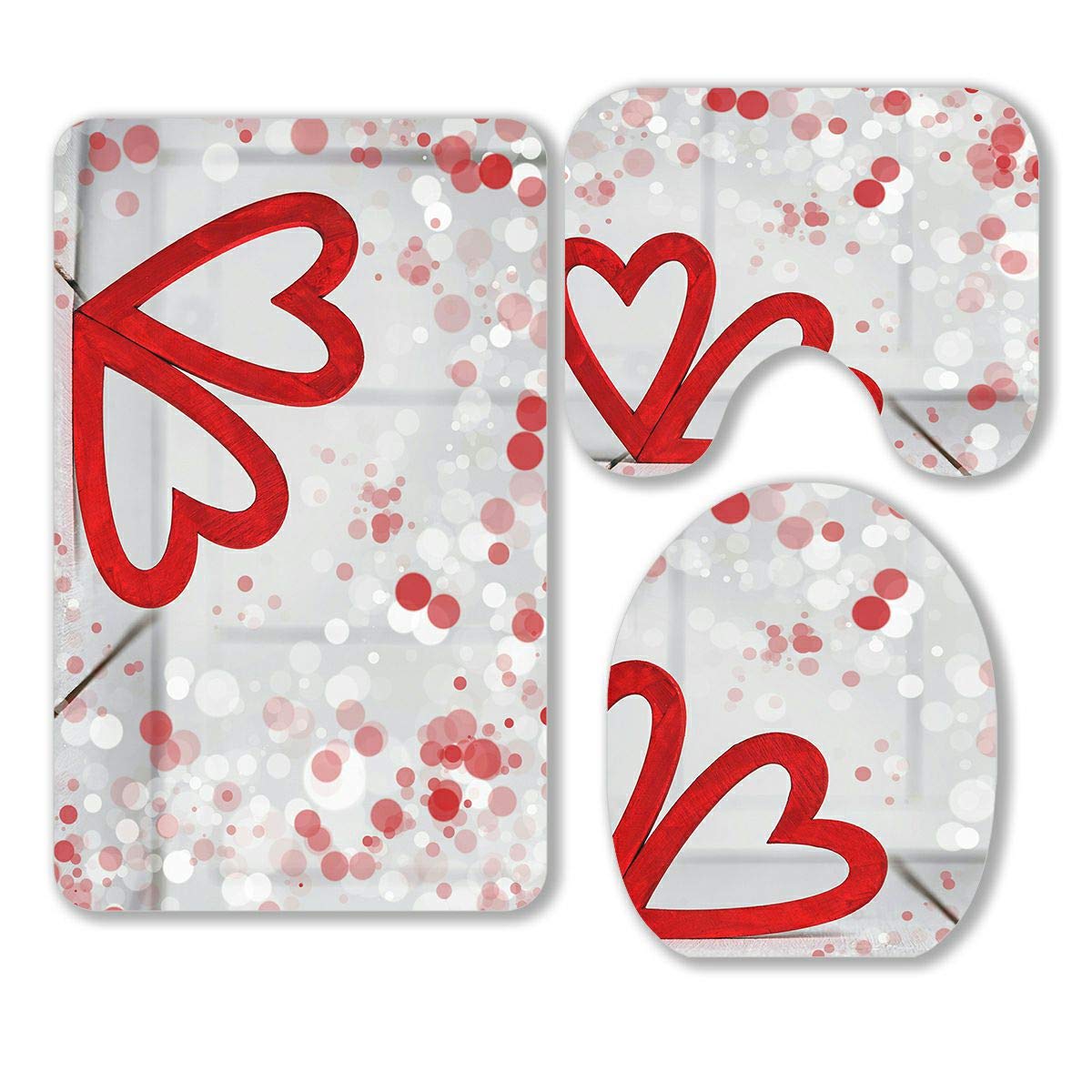 Valentine's Day Hearts Bathroom Rugs Set - 3 Piece Non-Slip Bath Mat, Contour Mat & Toilet Lid Cover for Bathroom Decor - Perfect for Romantic Home Decor, Wedding Gift & Valentine's Day Present