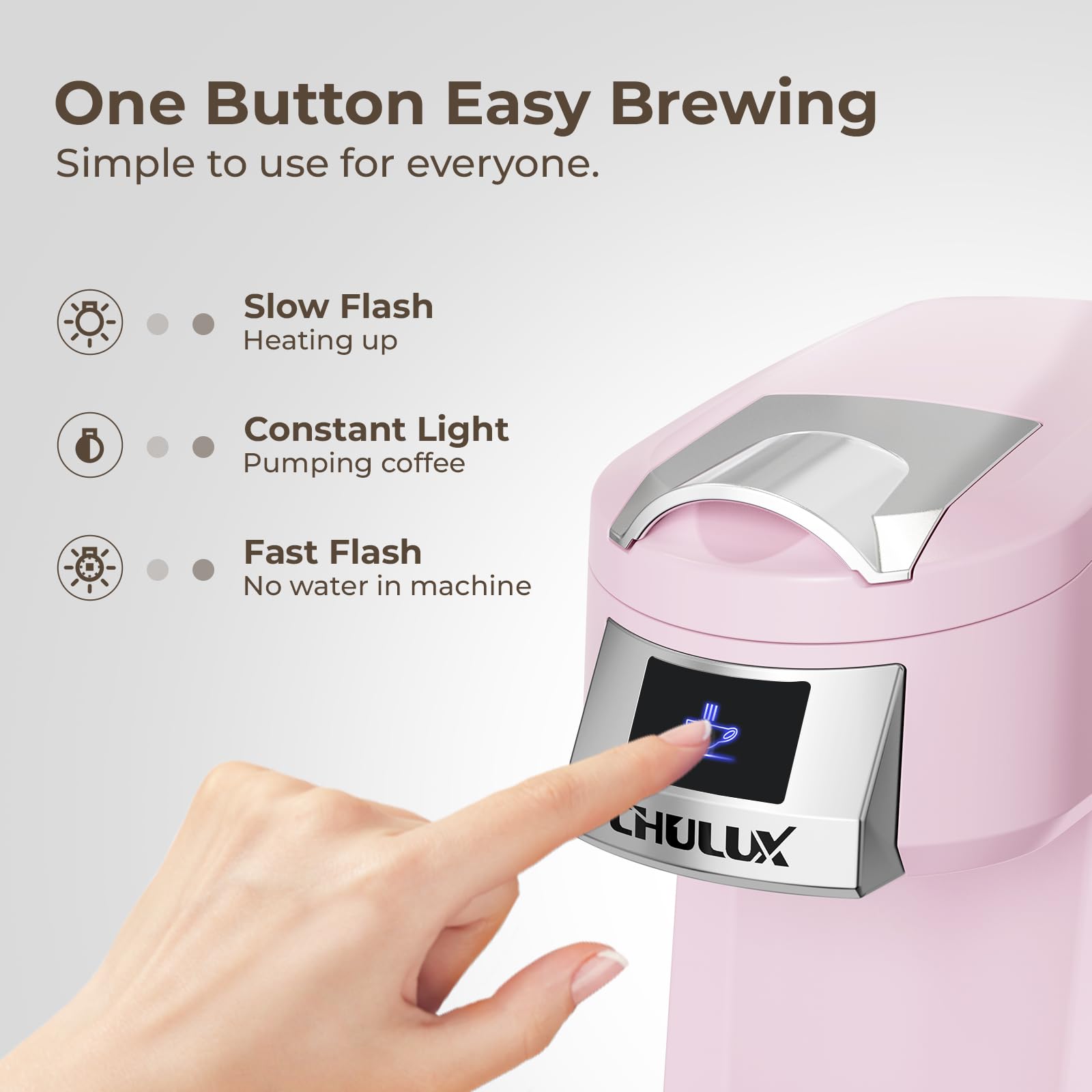 CHULUX Classic Single Serve Coffee Maker for K-Cup Pods - One-Touch Brewing for Office, RV, Travel & Dorm - Compact & Portable Pink Coffee Machine - Perfect for Home, Camping & Small Spaces